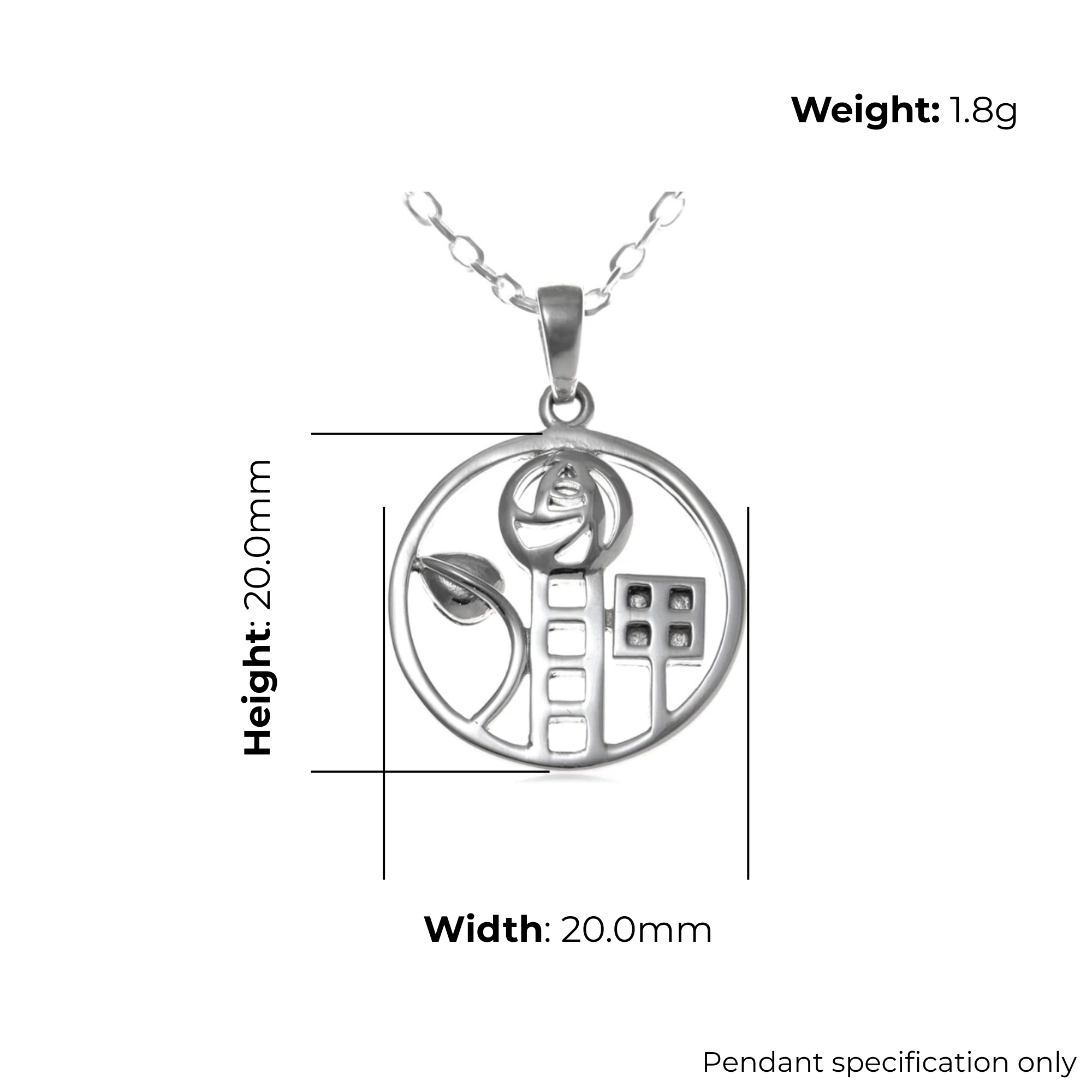 Sterling Silver Charles Rennie Mackintosh Circle Pendant, sculpted rose design, product dimensions shown, width 20mm height 20mm, weight 1.8g, pendant specification only