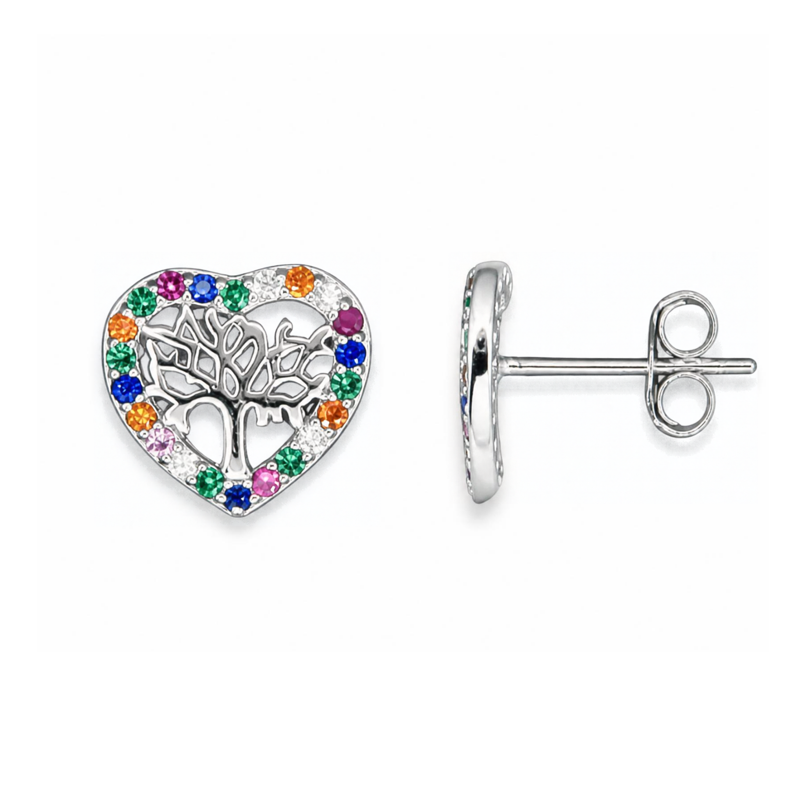 Sterling Silver Tree of Life Heart Stud Earrings, Multi-Colour CZ Border