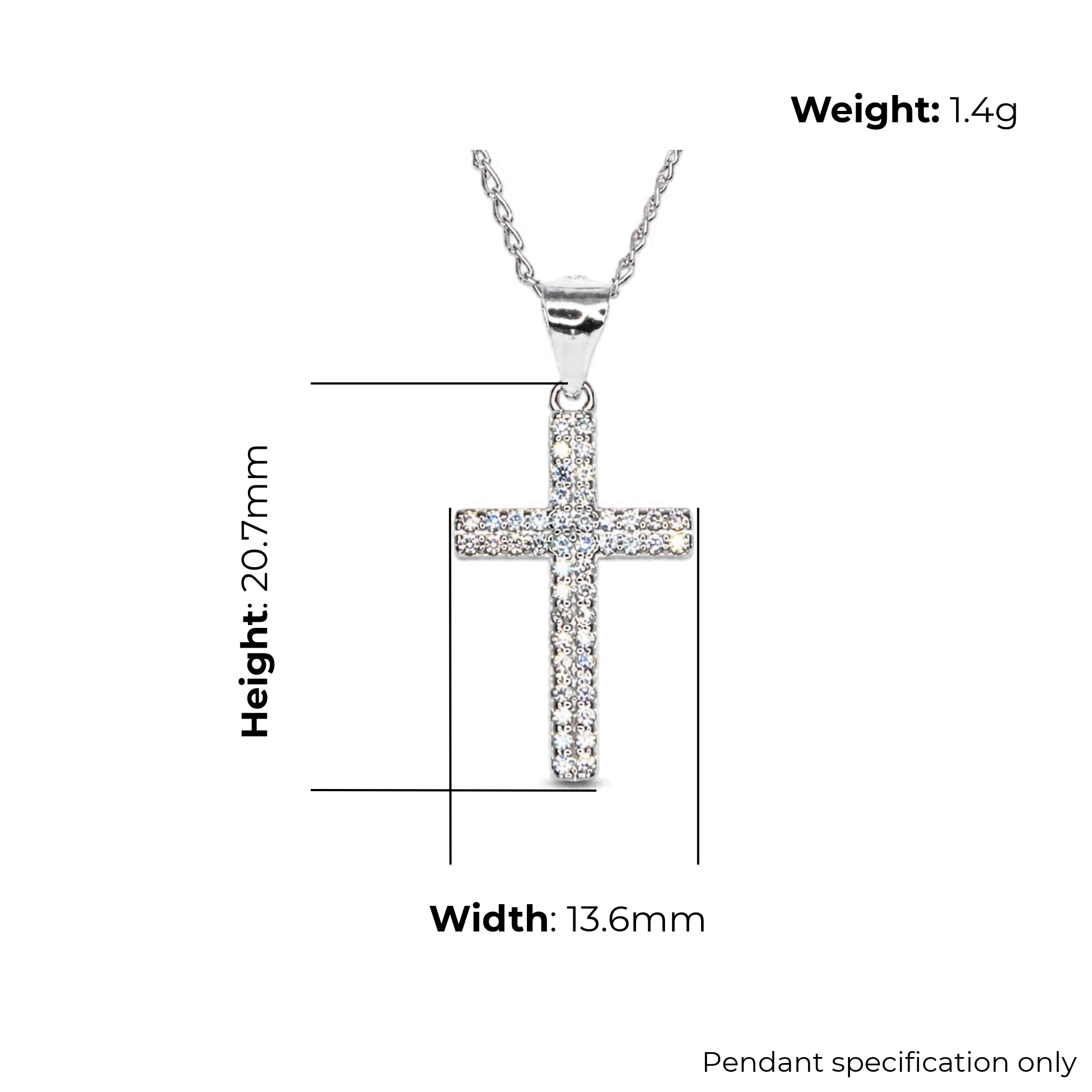 Sterling Silver Cross Pendant with CZ, product dimensions shown, width 13.6mm, height 20.7mm, weight 1.4g, pendant specification only