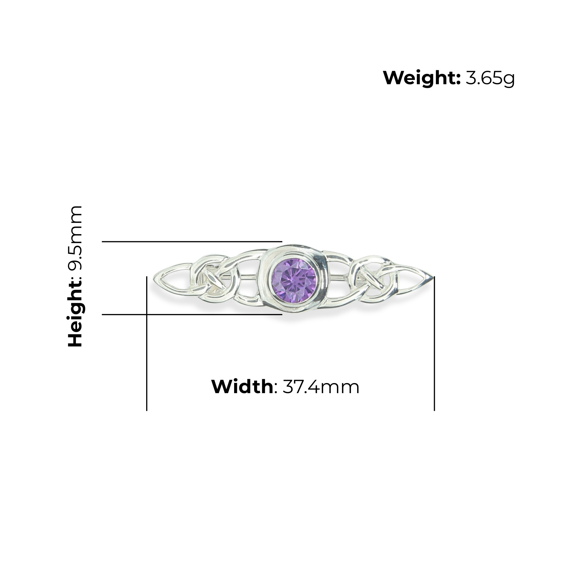 Sterling Silver Celtic Trinity Knot Navette Brooch, round purple stone bezel set, open triquetra ends, product dimensions shown, width 37.4mm by height 9.5mm, weight 3.65g.