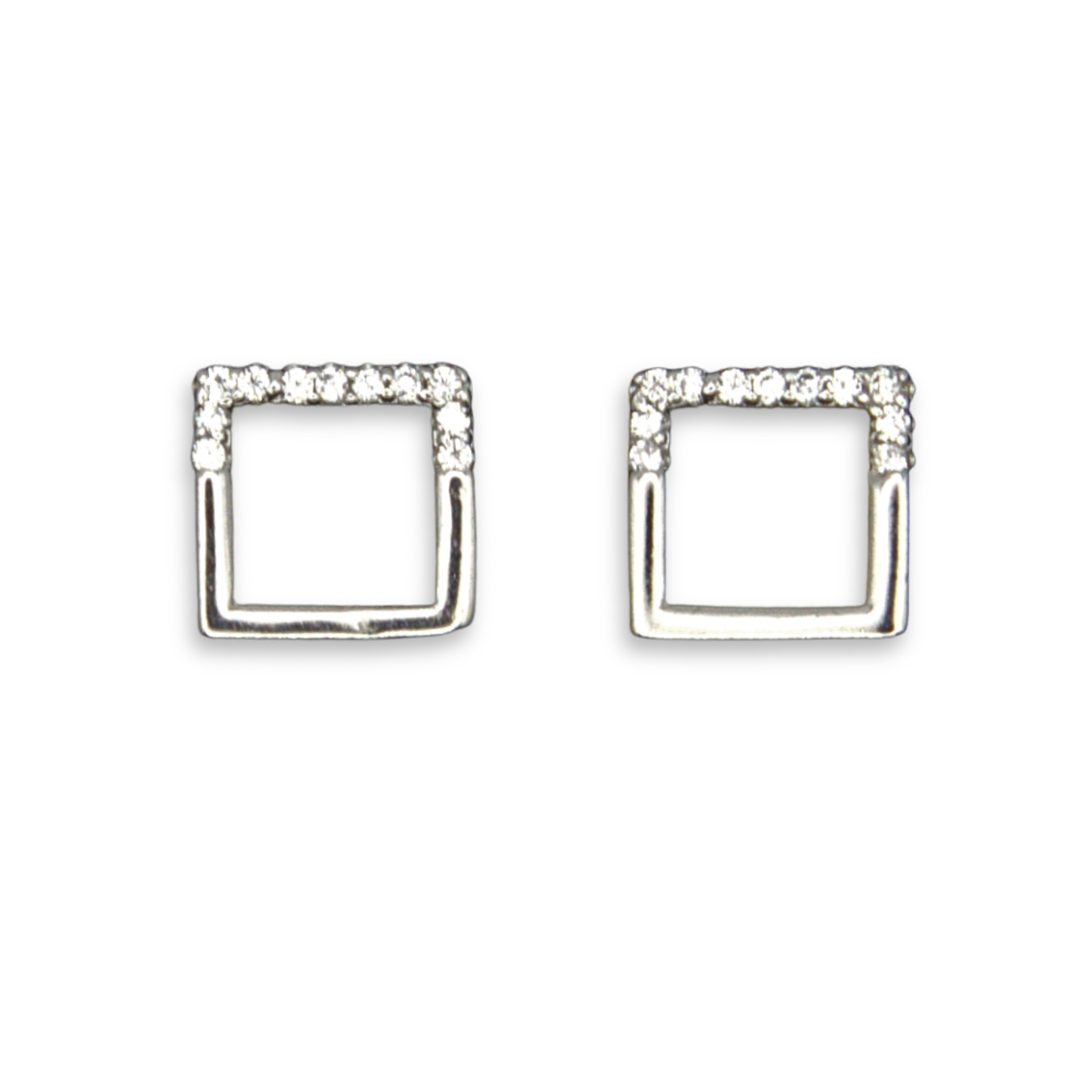 Sterling Silver Open Square Stud Earrings, Pave-Set CZ