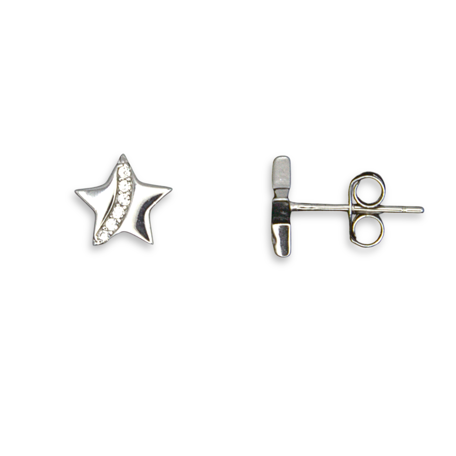 Sterling Silver Star Stud Earrings, Pave-Set CZ Detail