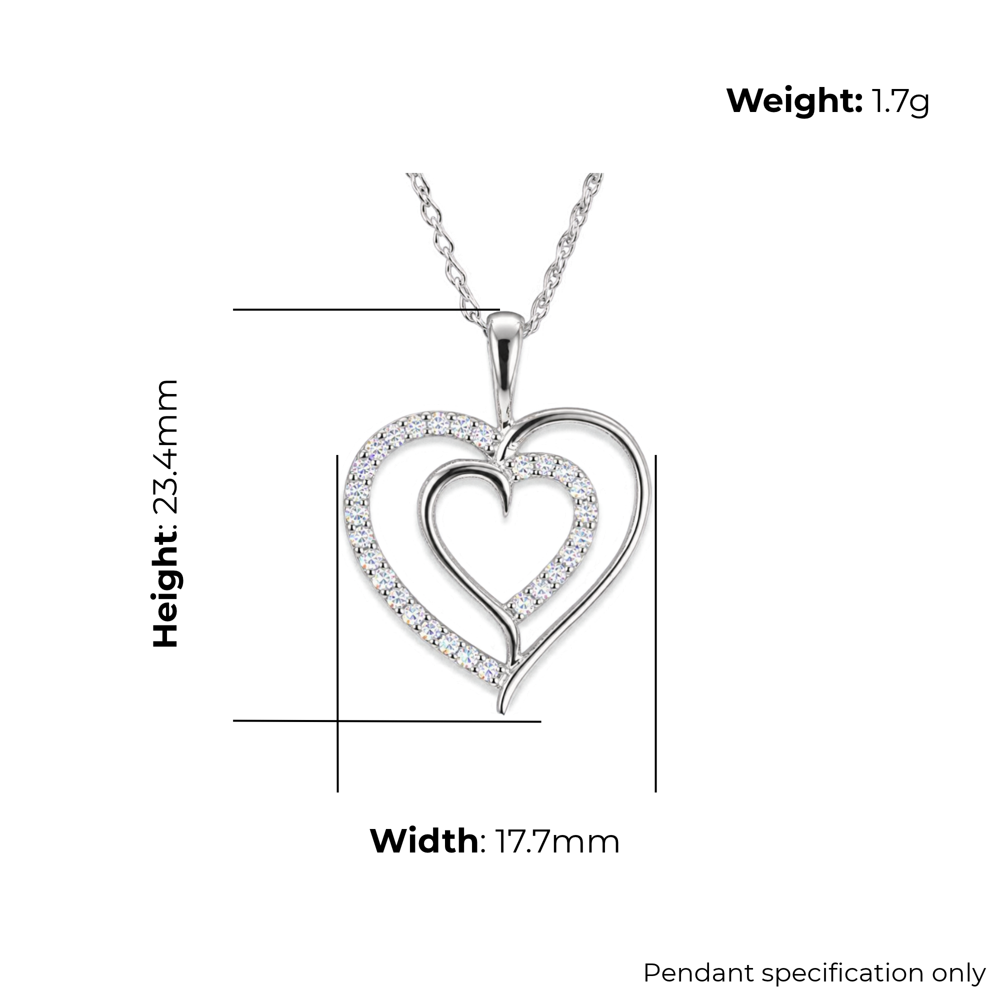 Sterling Silver Double Heart Pendant with CZ, product dimensions shown, width 17.7mm, height 23.4mm, weight 1.7g, pendant specification only