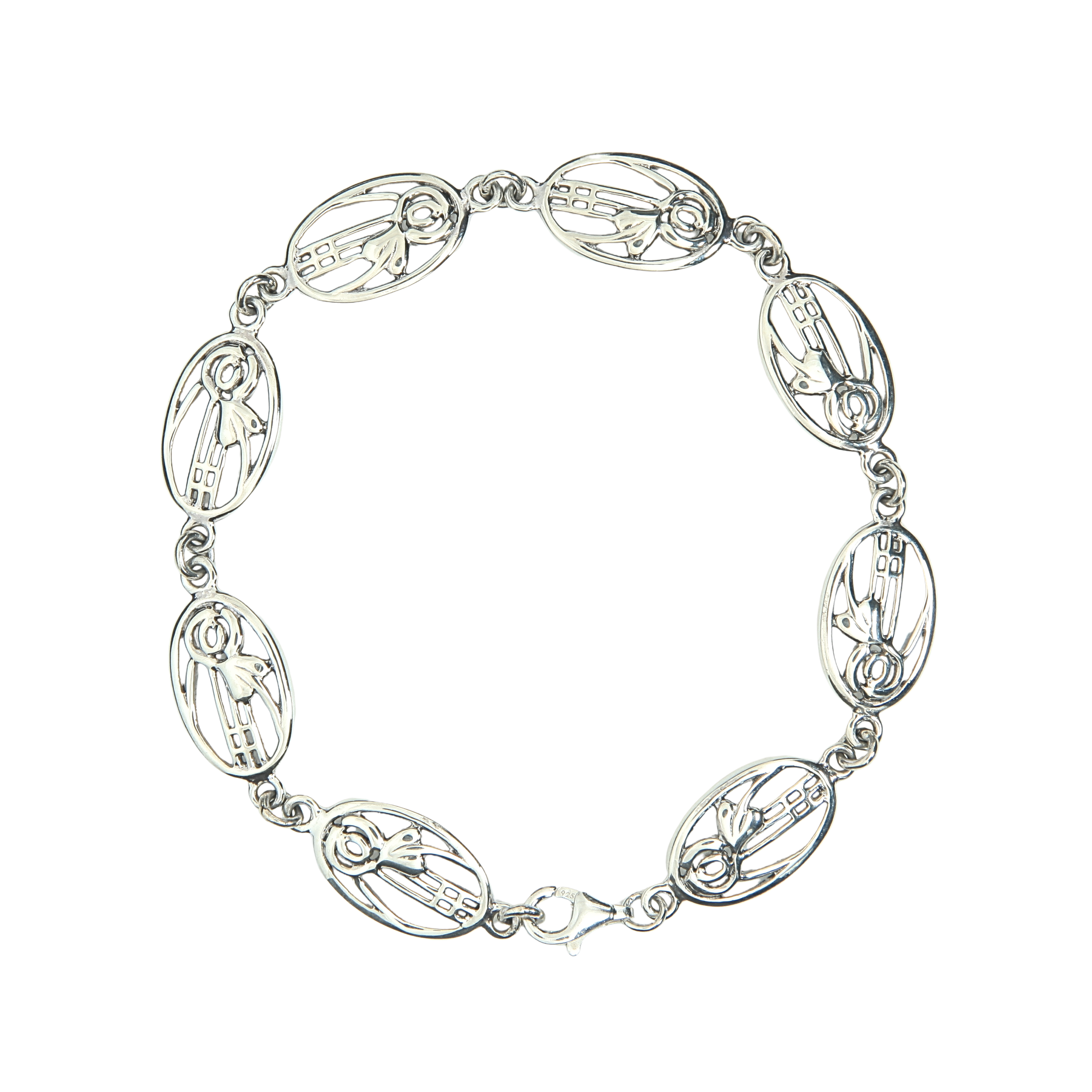Sterling Silver Charles Rennie Mackintosh Oval Rose Bracelet - 18.8cm (RMB7190)