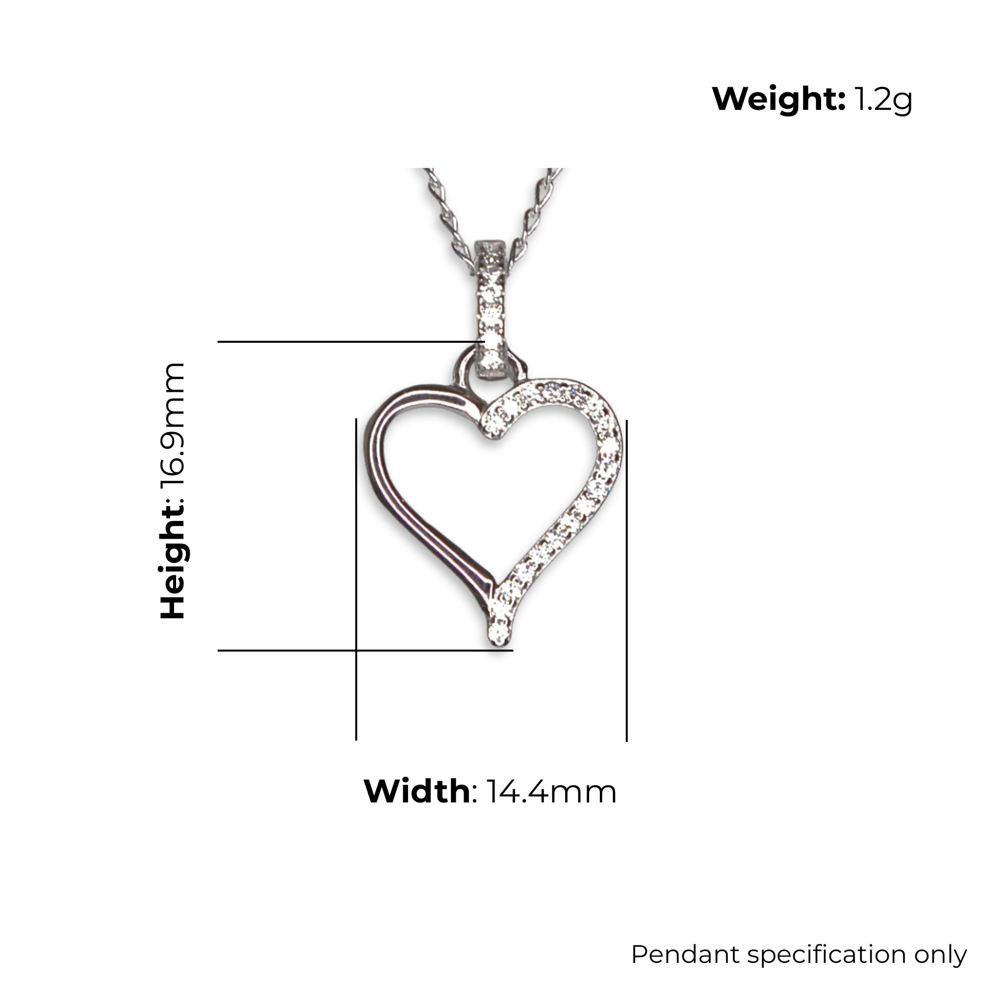 Sterling Silver Heart Pendant with CZ Bail Detail, product dimensions shown, width 14.4mm, height 16.9mm, weight 1.2g, pendant specification only