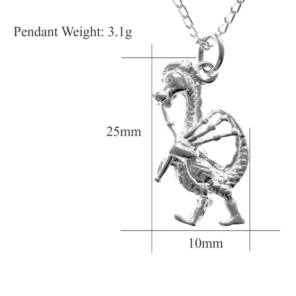Sterling Silver Nessie Bagpiper Pendant, Loch Ness Monster playing bagpipes, sculpted novelty form, product dimensions shown, width 10mm by height 25mm, weight 3.1g