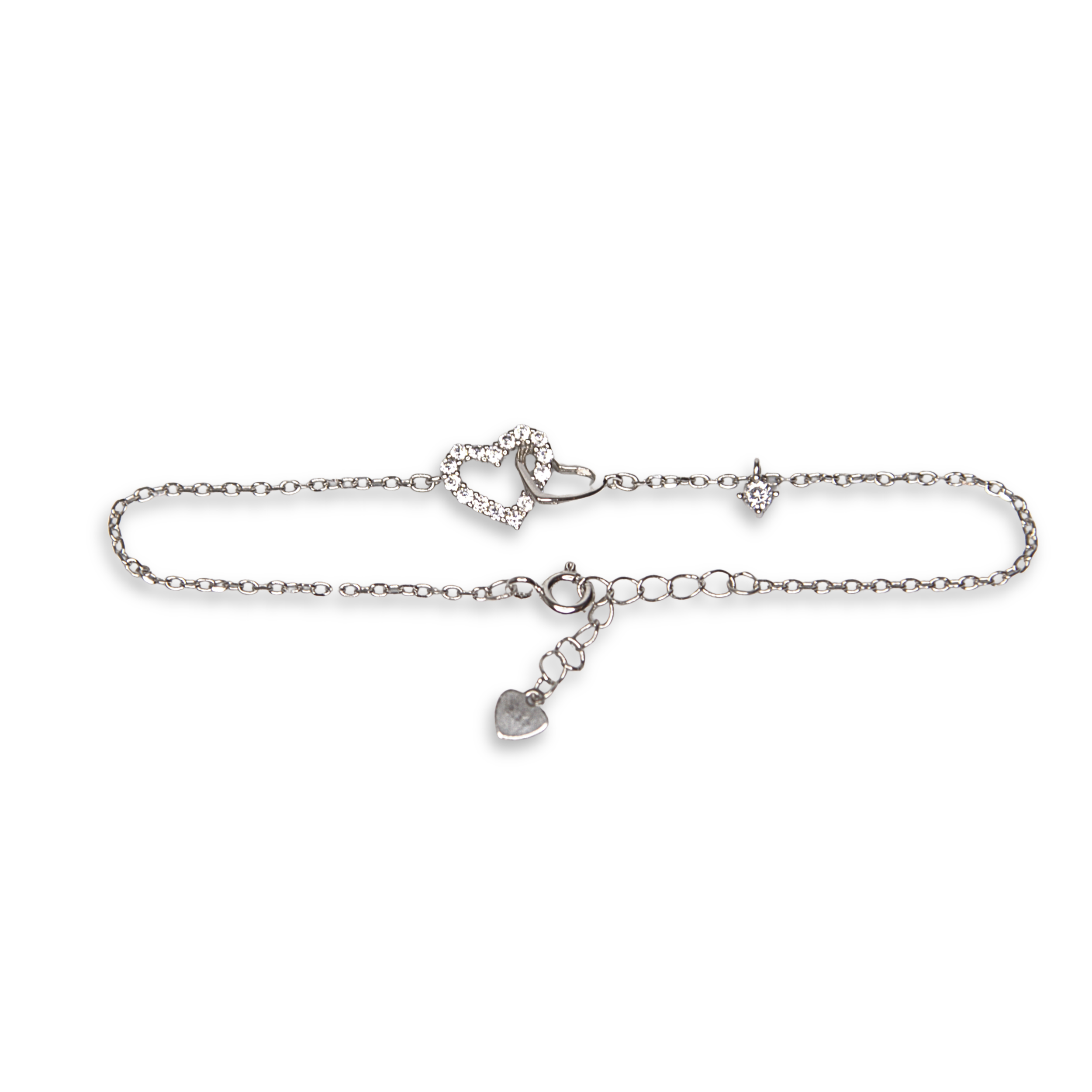 Sterling Silver Interlocking Double Heart Bracelet, CZ, 19.5cm