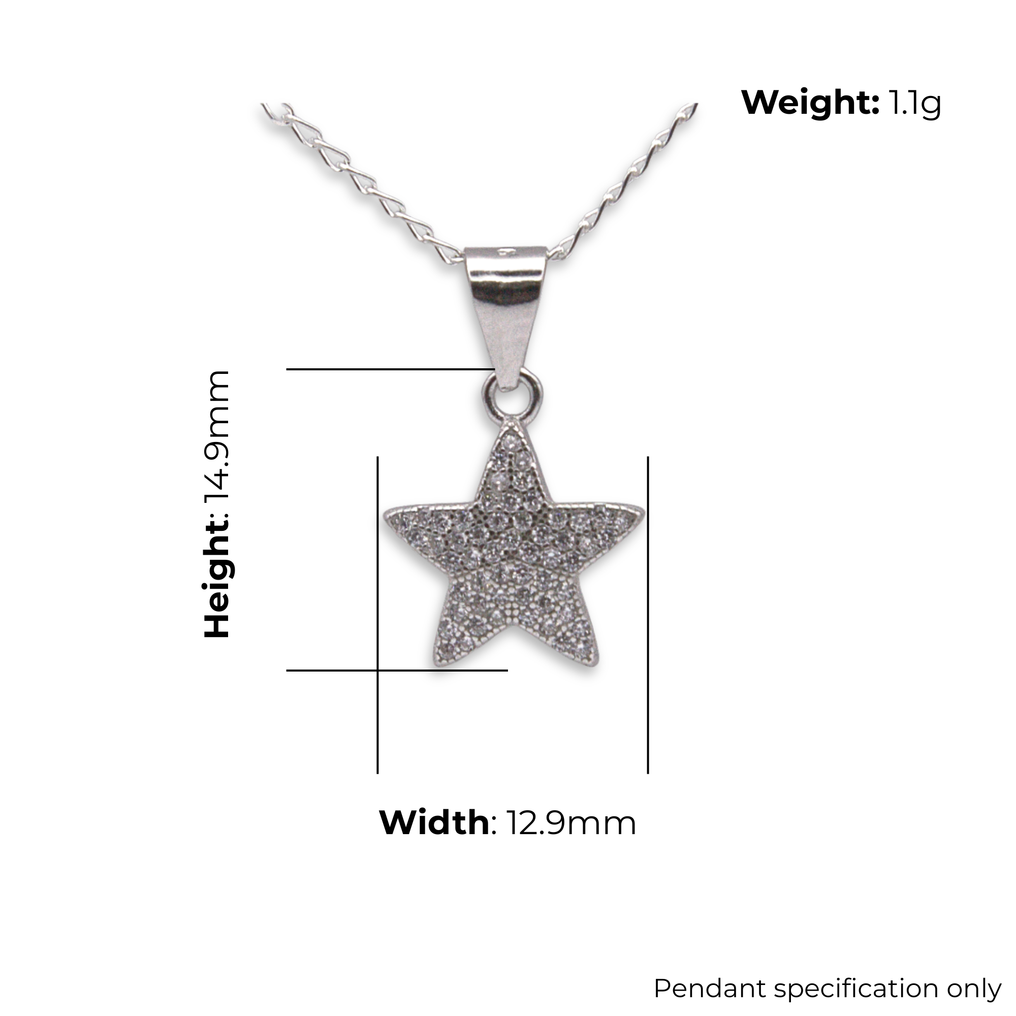 Sterling Silver Star CZ Pendant, product dimensions shown, width 12.9mm, height 14.9mm, weight 1.1g, pendant specification only