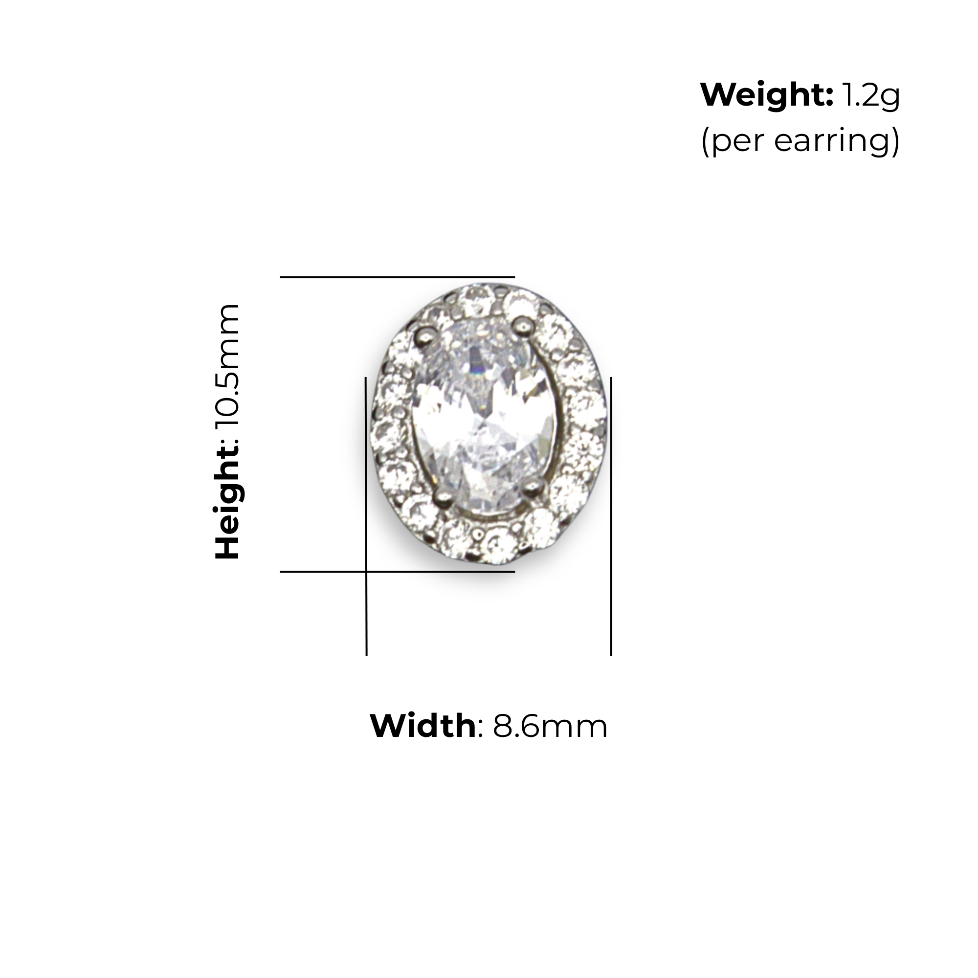 Sterling Silver Oval Halo Stud Earrings, Pave-Set CZ, product dimensions shown, width 8.6mm, height 10.5mm, weight 1.2g per earring