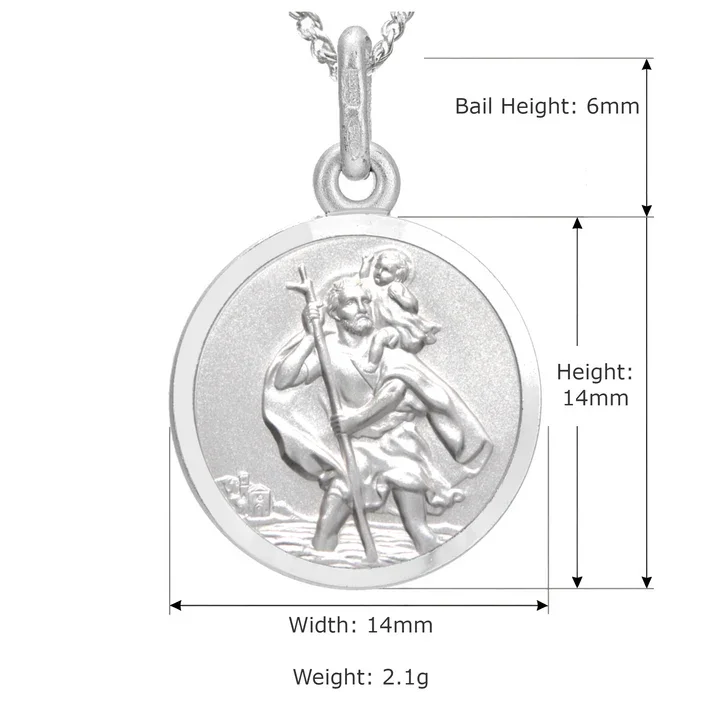 Sterling Silver St Christopher pendant, plain reverse. Embossed figural scene, satin face, polished border, product dimensions shown, width 14mm by height 14mm, bail height 6mm, weight 2.1g