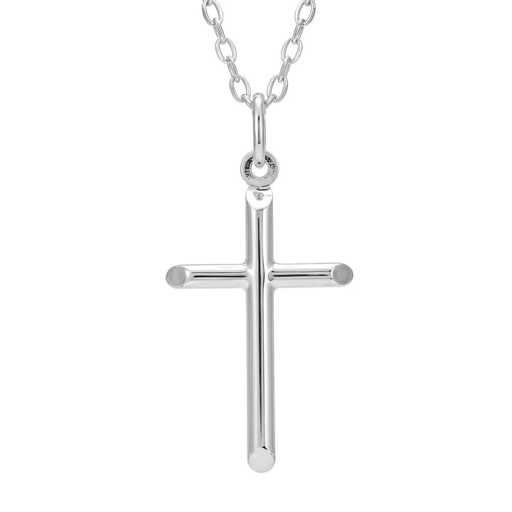 Sterling Silver plain cross pendant, round tubular arms, disc pad terminals, high mirror polish, 28mm