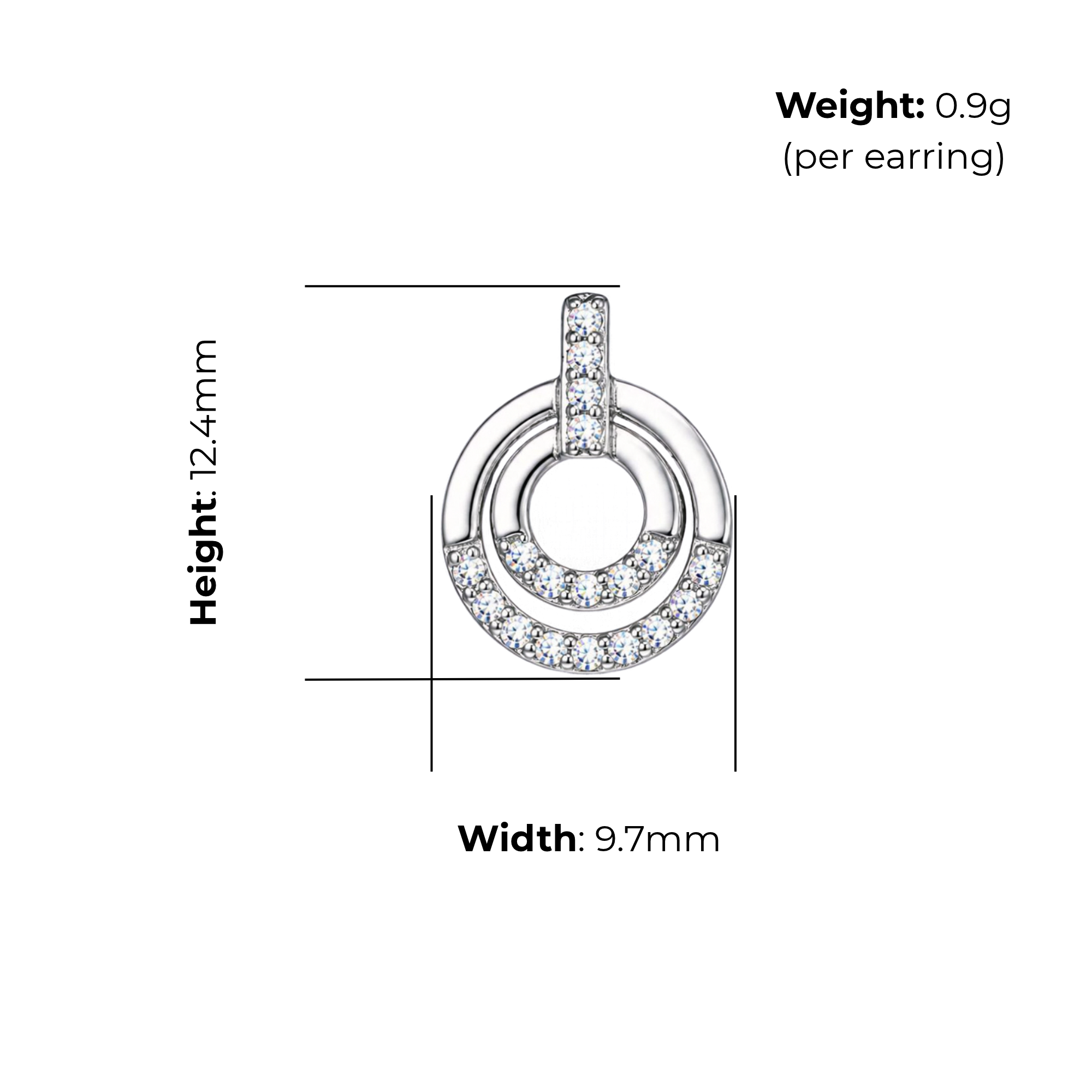 Sterling Silver Open Double Circle Stud Earrings with CZ, product dimensions shown, width 9.7mm, height 12.4mm, weight 0.9g per earring