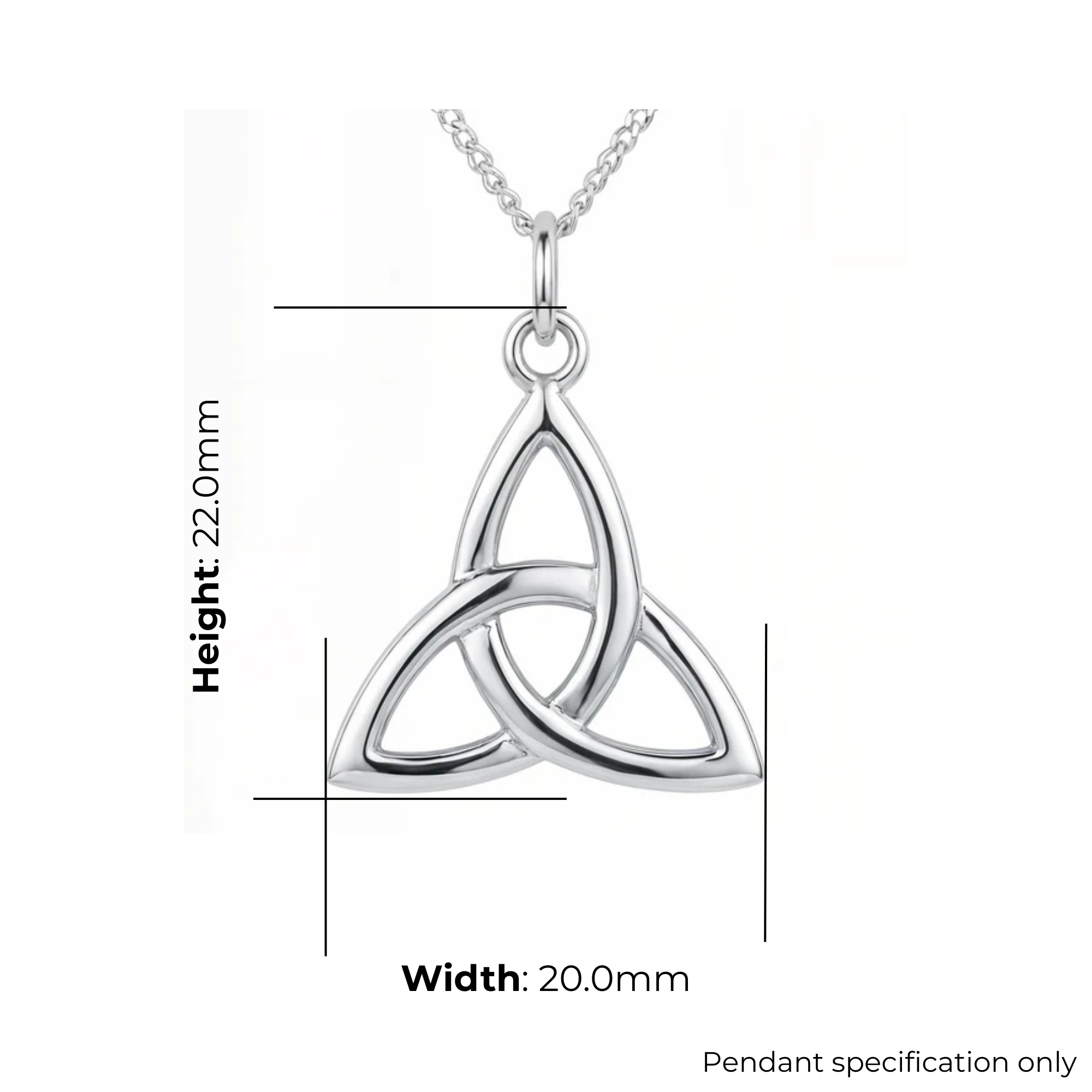 Sterling Silver Celtic Trinity Knot Pendant, open triquetra design, high mirror polish, product dimensions shown, width 20mm, height 22mm, pendant specification only