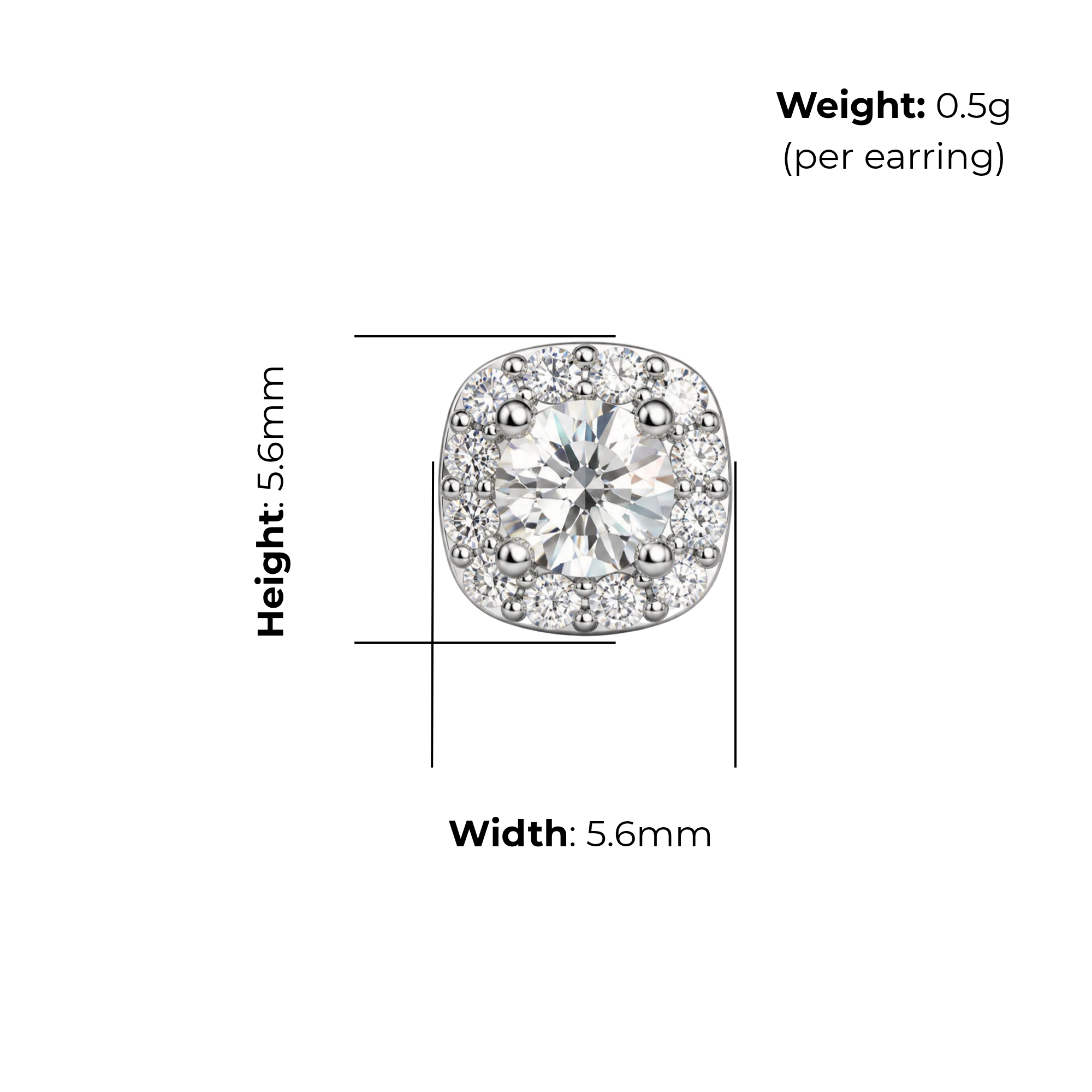 Sterling Silver Cushion Halo Stud Earrings, Pave-Set CZ, product dimensions shown, width 5.6mm, height 5.6mm, weight 0.5g per earring.