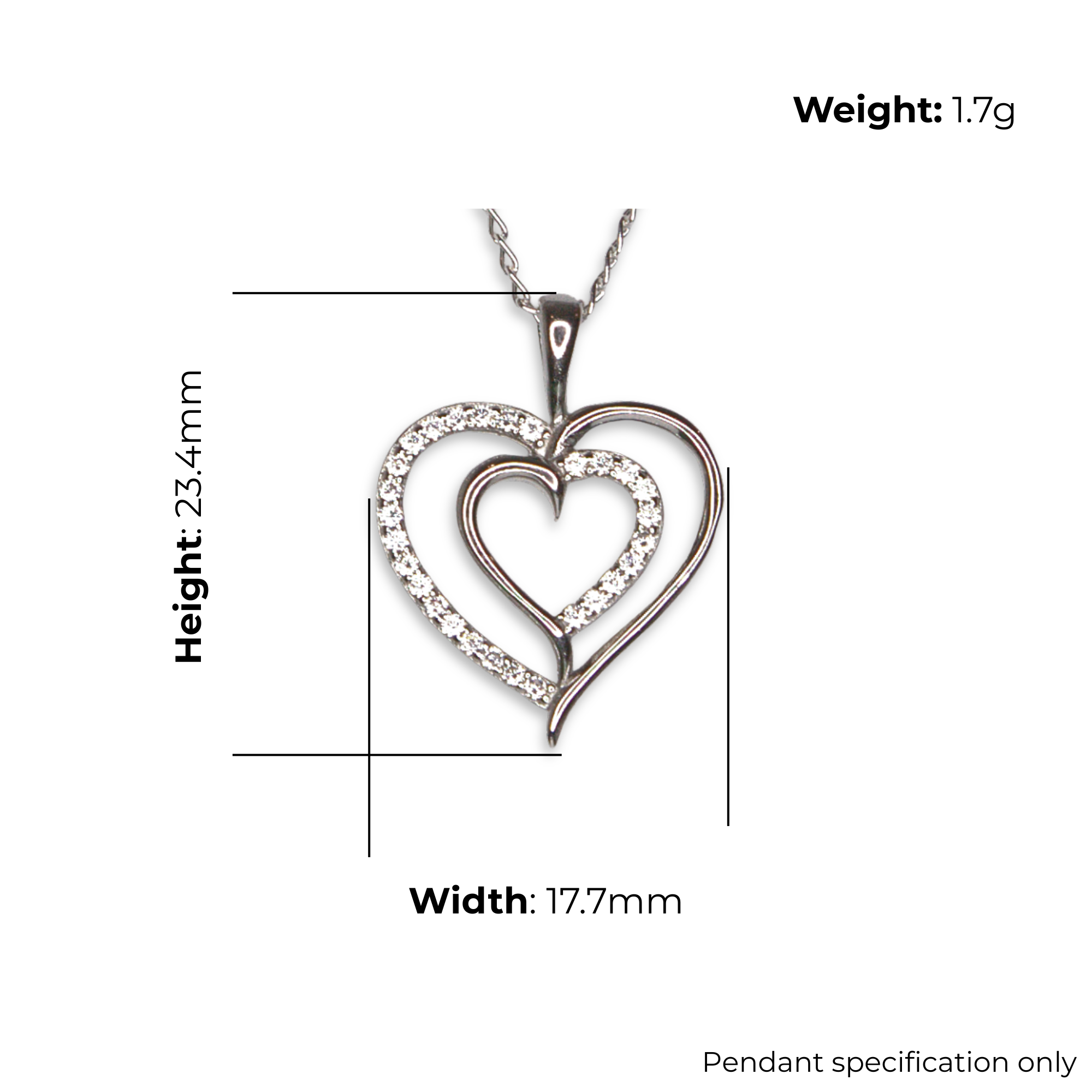 Sterling Silver Double Heart Pendant with CZ, product dimensions shown, width 17.7mm, height 23.4mm, weight 1.7g, pendant specification only
