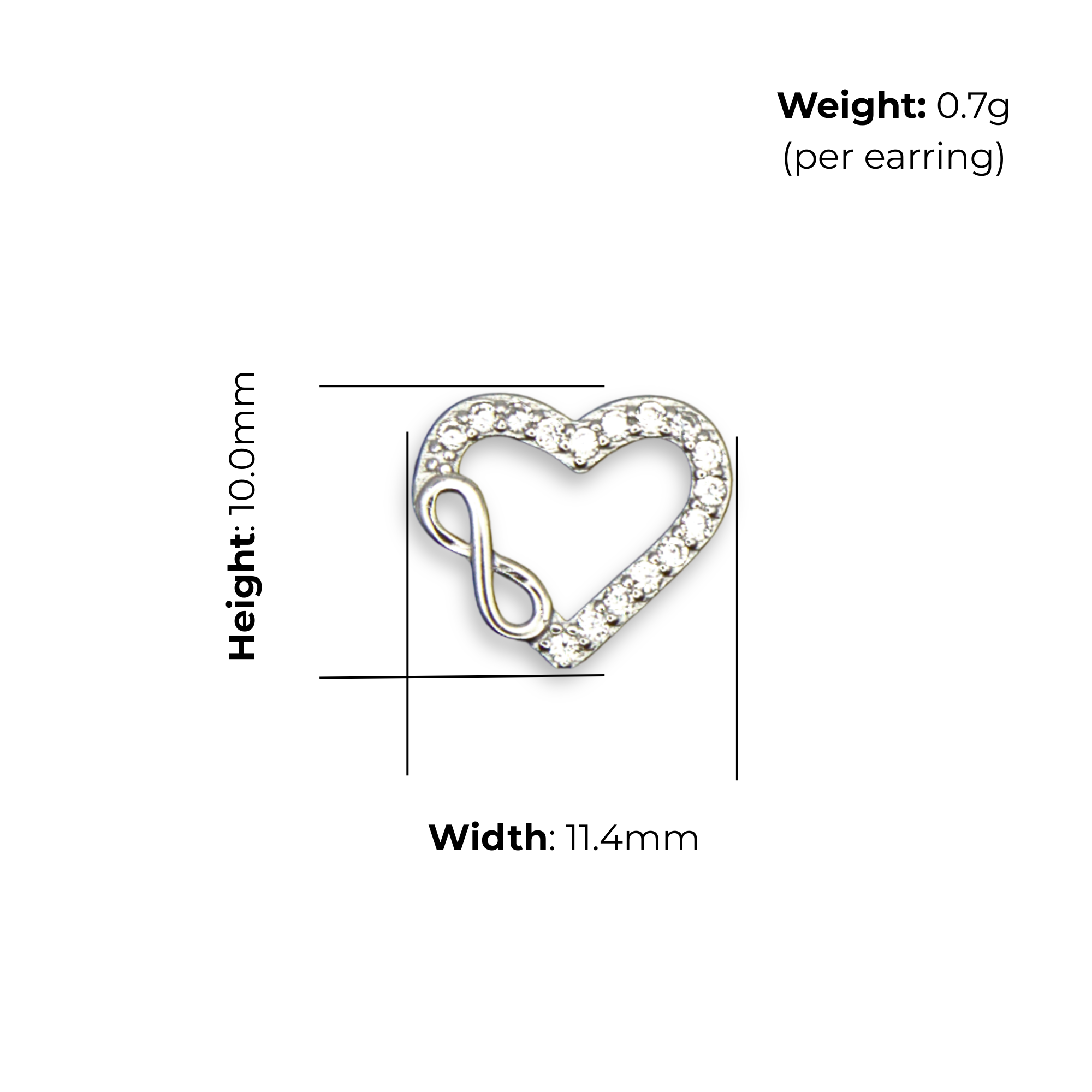 Sterling Silver Open Heart Stud Earrings, Pave-Set CZ with Infinity Detail, product dimensions shown, width 11.4mm, height 10.0mm, weight 0.7g per earring.