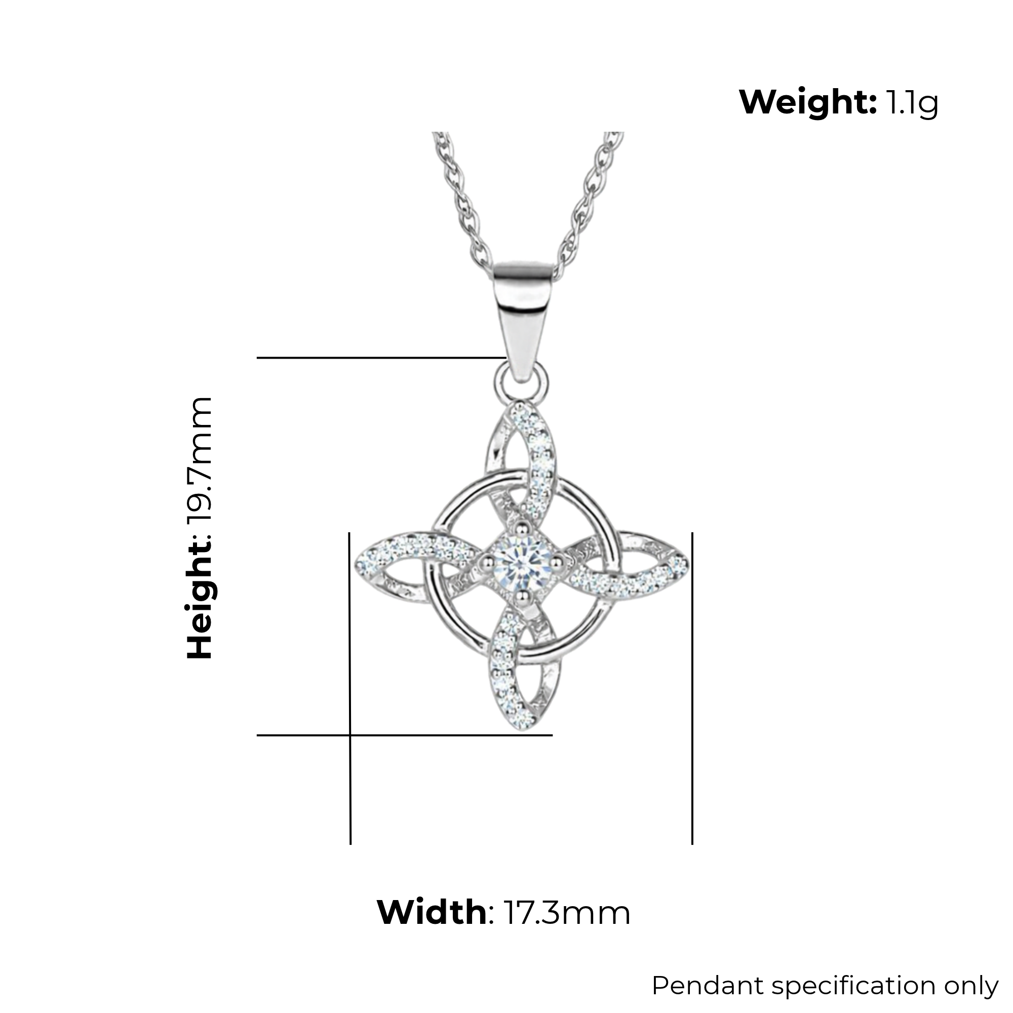 Sterling Silver Celtic Knot Pendant, Four-Point Radial Design, CZ Centre, product dimensions shown, width 17.3mm, height 19.7mm, weight 1.1g, pendant specification only.