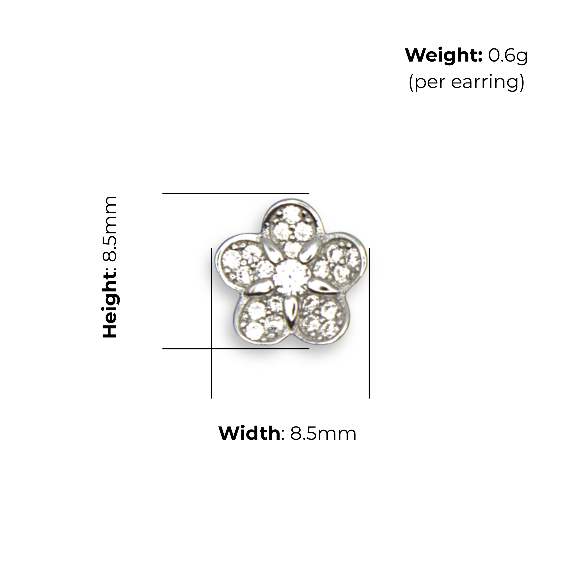 Sterling Silver Flower Stud Earrings, Pave-Set CZ, product dimensions shown, width 8.5mm, height 8.5mm, weight 0.6g per earring.