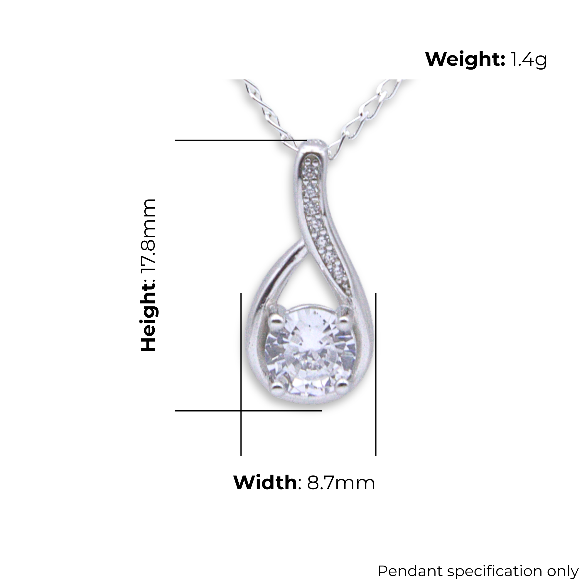 Sterling Silver Twist Top CZ Pendant, product dimensions shown, width 8.7mm, height 17.8mm, weight 1.4g, pendant specification only