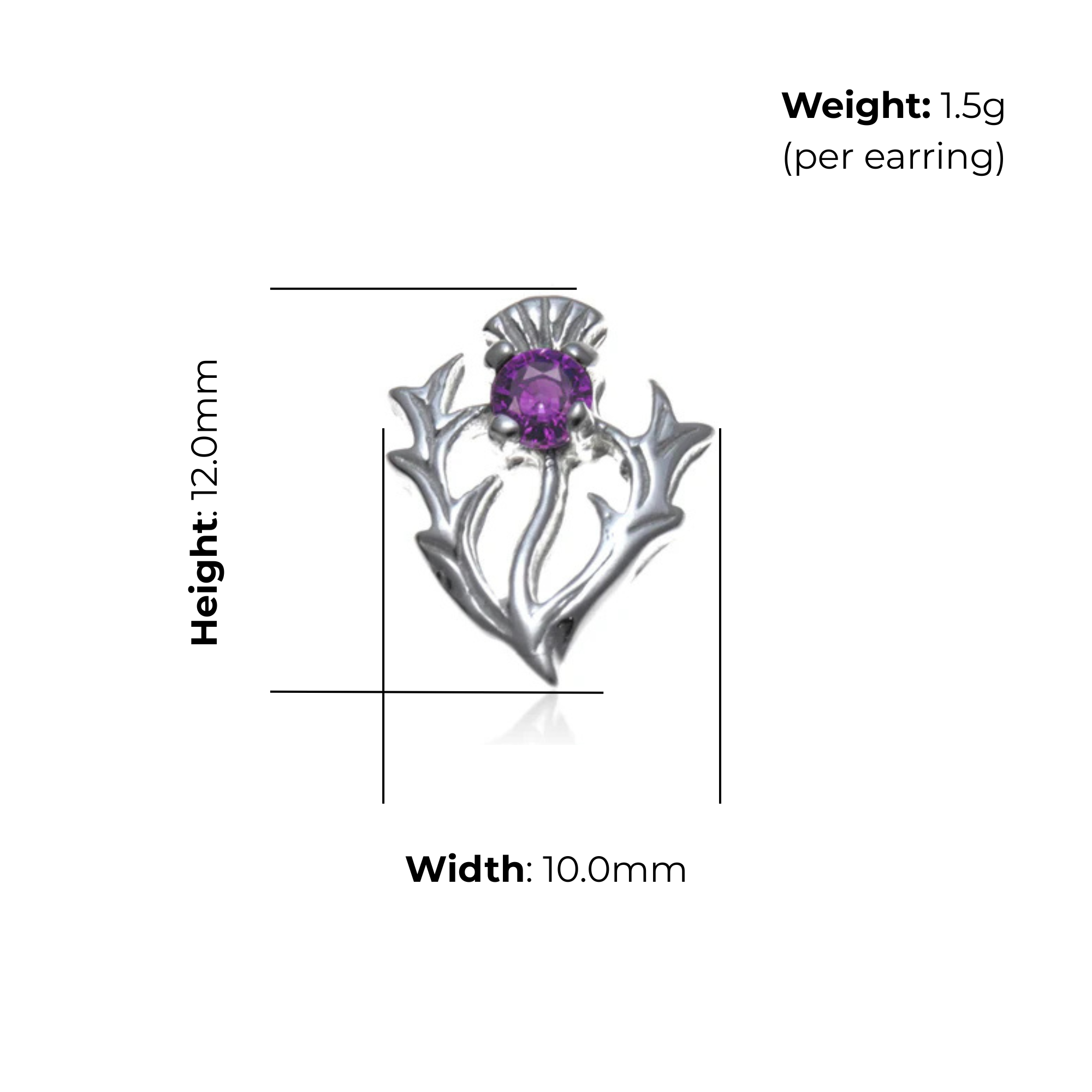 Sterling Silver Thistle Stud Earrings, amethyst, product dimensions shown, width 10mm, height 12mm, weight 1.5g per earring