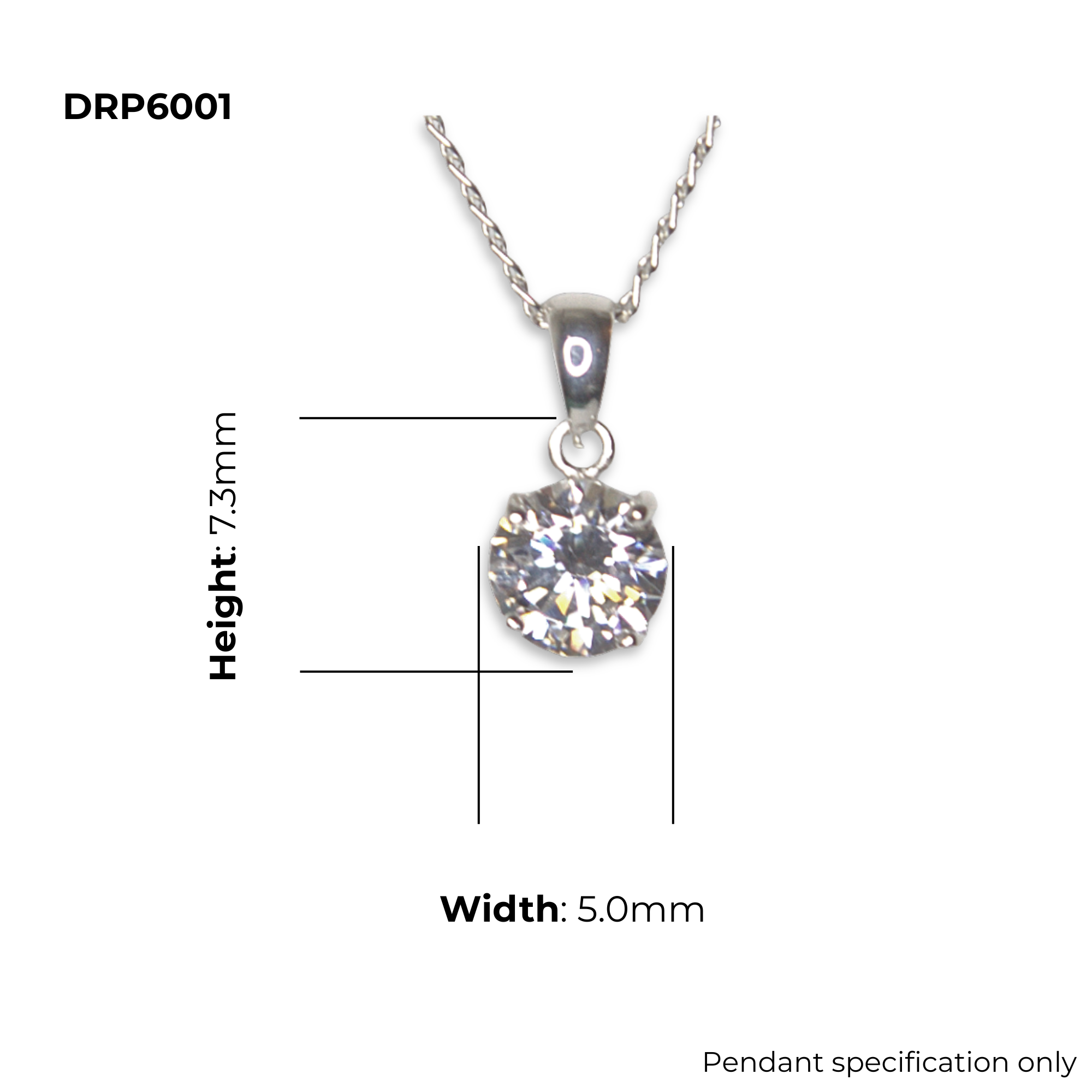 Sterling Silver Round CZ Solitaire Pendant, DRP6001 product dimensions shown, width 5mm, height 7.3mm, pendant specification only
