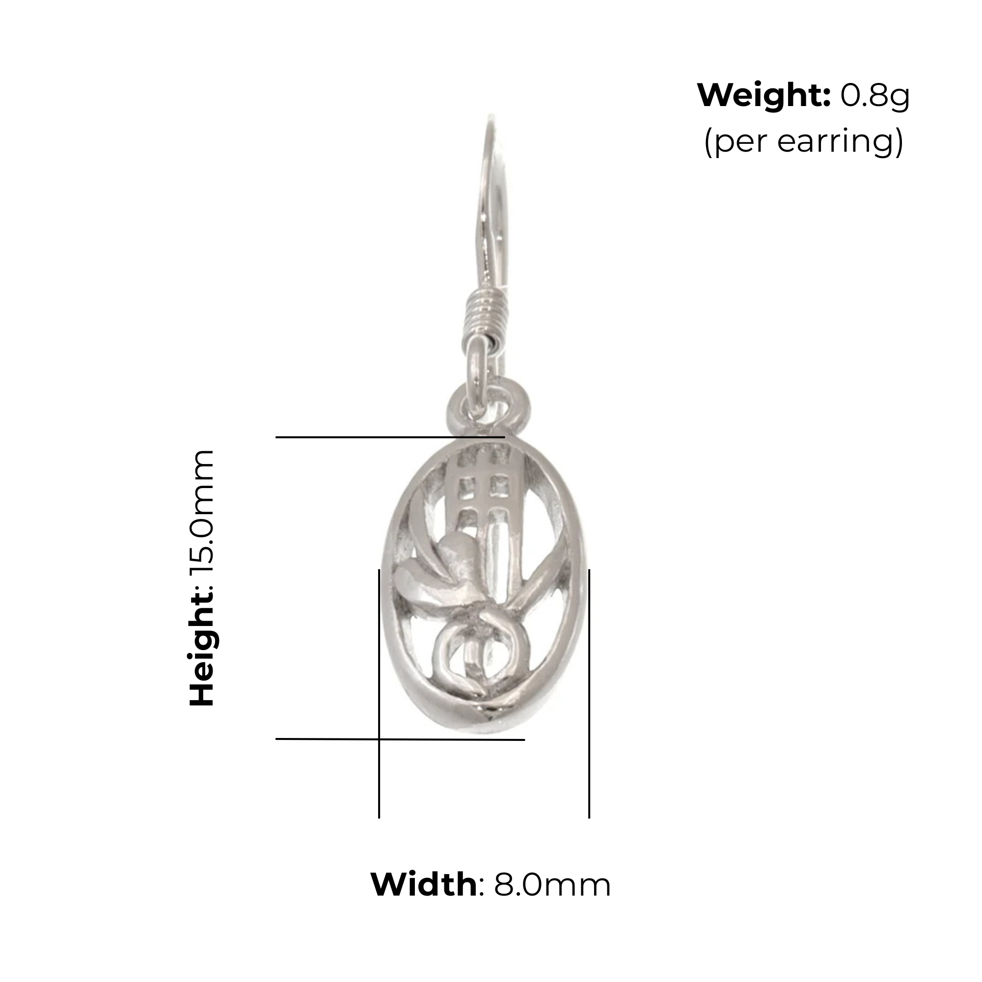 Sterling Silver Charles Rennie Mackintosh Oval Drop Earrings, sculptural botanical design, product dimensions shown, width 8mm, height 15mm, weight 0.8g per earring