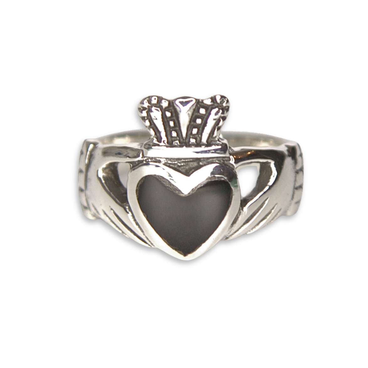 Silver Celtic Claddagh and Black Heart Stone Ring (SSR8971)
