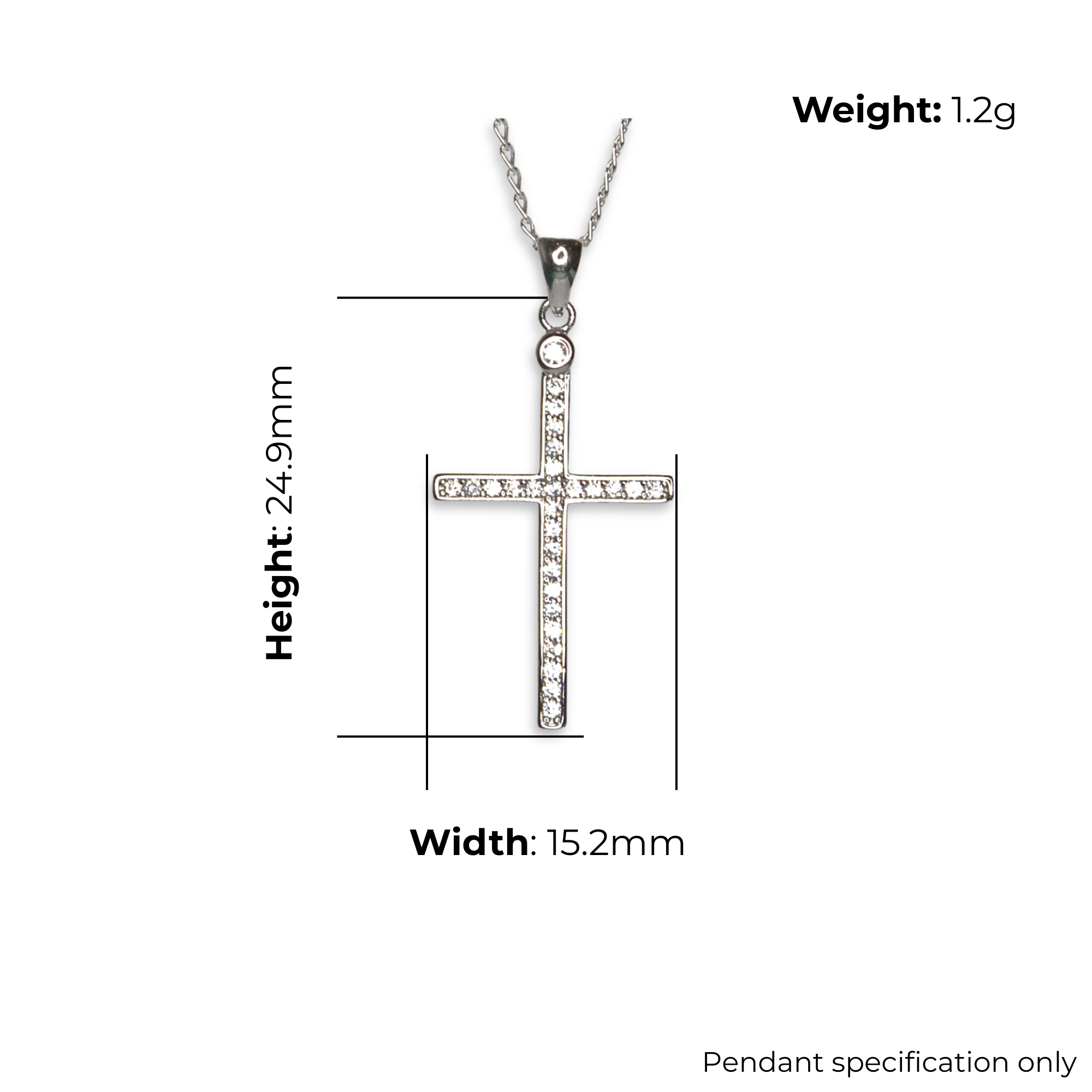 Sterling Silver Cross Pendant with CZ, product dimensions shown, width 15.2mm, height 24.9mm, weight 1.2g, pendant specification only