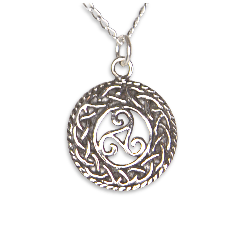 Sterling Silver Celtic Triskele Pendant, Knotwork Border, Roped Edge