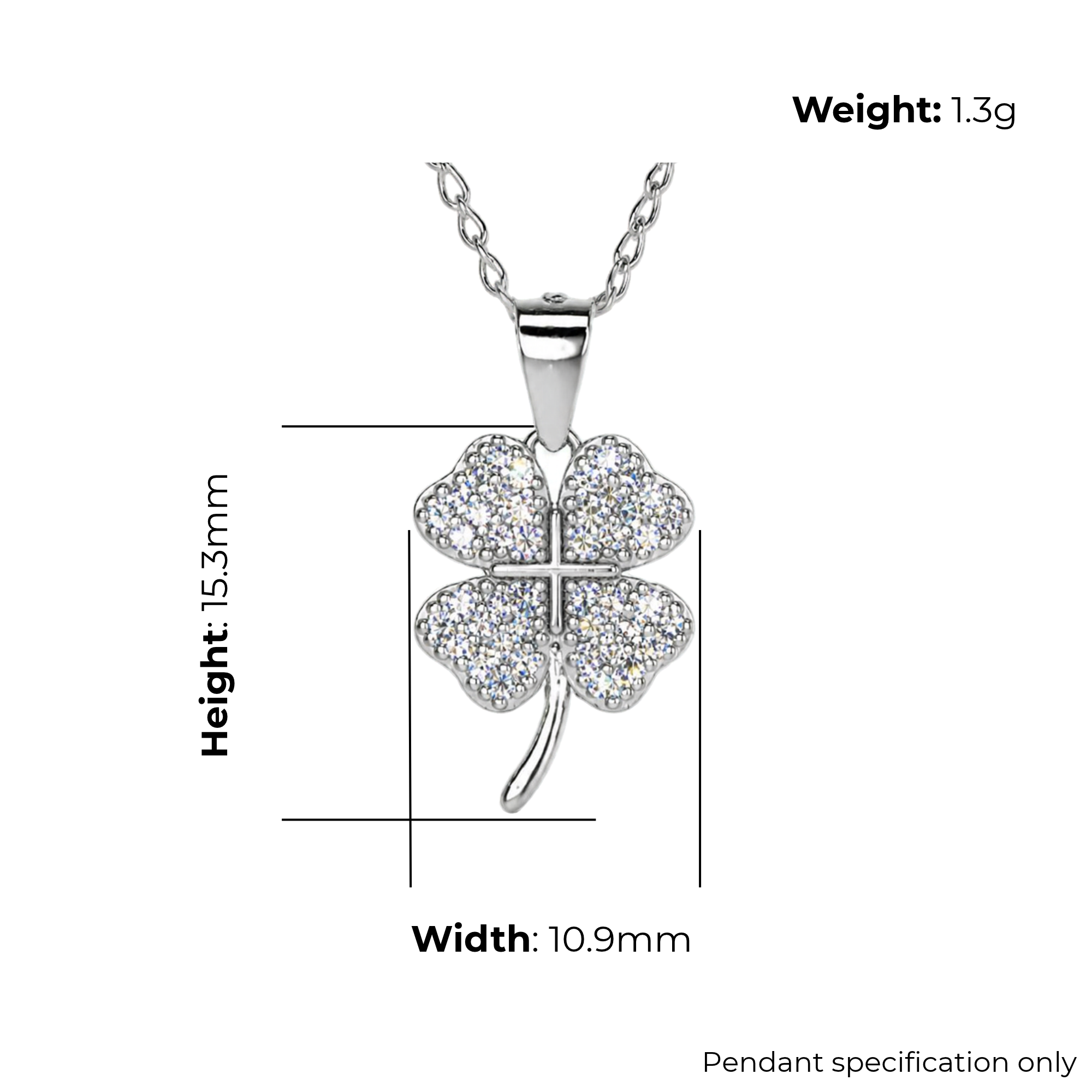 Sterling Silver Four-Leaf Clover Pendant, Pave-Set CZ Detail, product dimensions shown, width 10.9mm, height 15.3mm, weight 1.3g, pendant specification only.