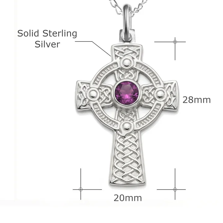 Sterling Silver Celtic cross pendant with amethyst, product dimensions shown, 20mm width, 28mm height
