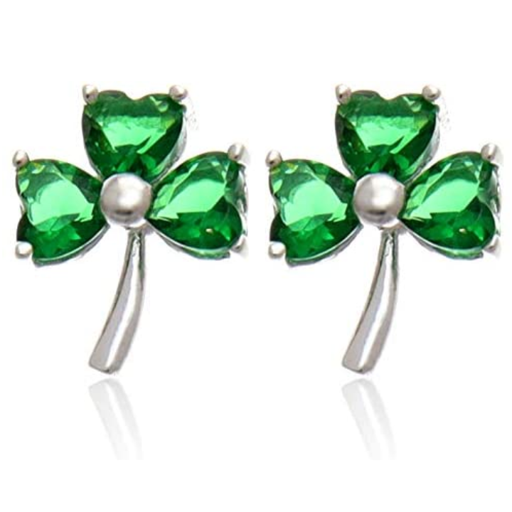 Sterling Silver Celtic Shamrock Stud Earrings, heart-cut green CZ claw set, three-lobe design, push back fitting.