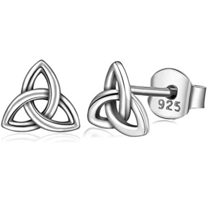 Sterling Silver Celtic Trinity Knot Stud Earrings, open triquetra design, high mirror polish, push back fitting.