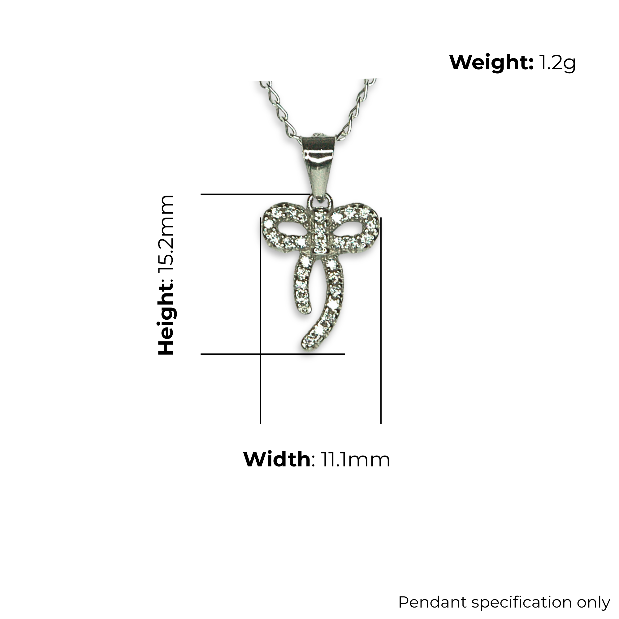 Sterling Silver Bow Pendant, Pave-Set CZ, product dimensions shown, width 11.1mm, height 15.2mm, weight 1.2g, pendant specification only.