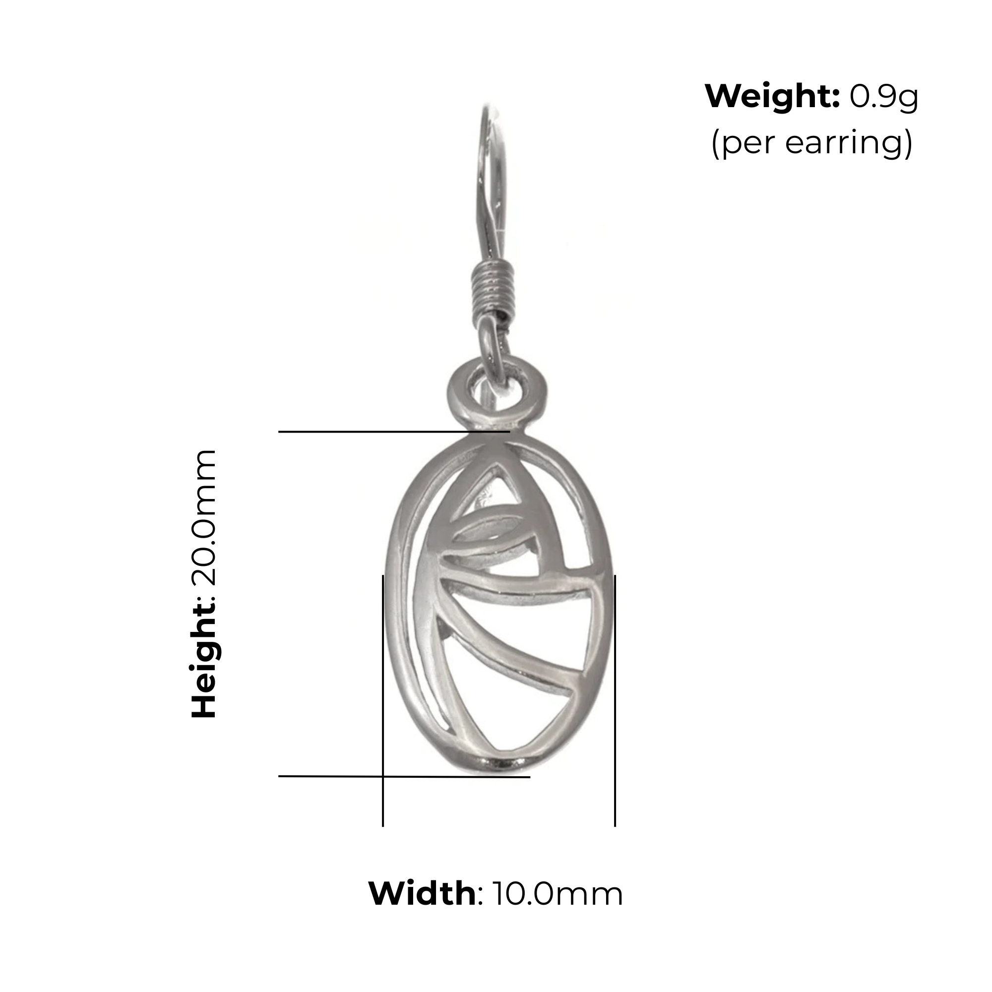 Sterling Silver Charles Rennie Mackintosh Oval Drop Earrings, abstract geometric design, product dimensions shown, width 10mm, height 20mm, weight 0.9g per earring
