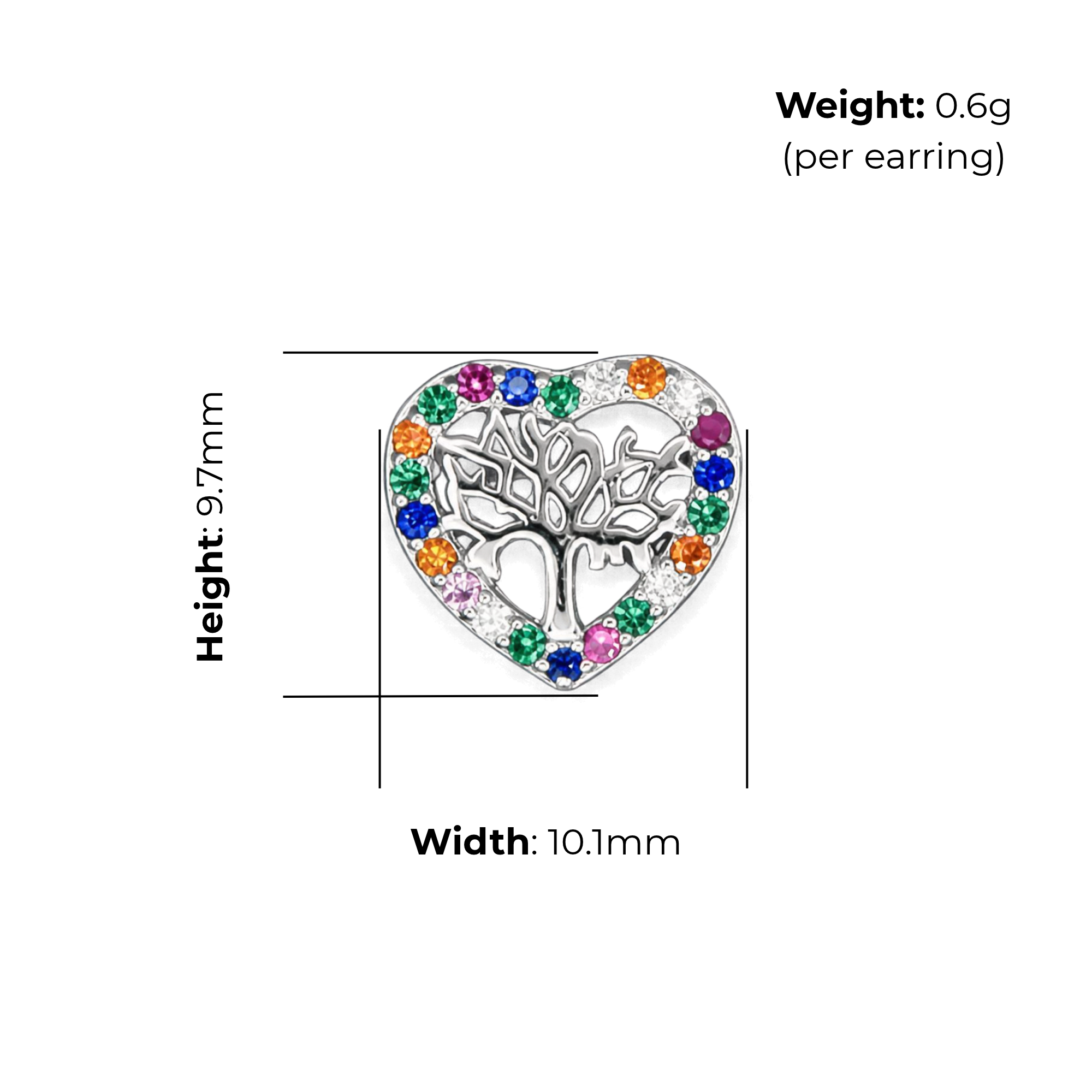 Sterling Silver Tree of Life Heart Stud Earrings, Multi-Colour CZ Border, product dimensions shown, width 10.1mm, height 9.7mm, weight 0.6g per earring.