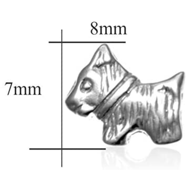 Sterling Silver Scottish Terrier Stud Earrings, sculpted Scottie dog form, engraved coat detail, 8mm x 7mm, push back fitting, product dimensions shown, height 7mm by width 8mm