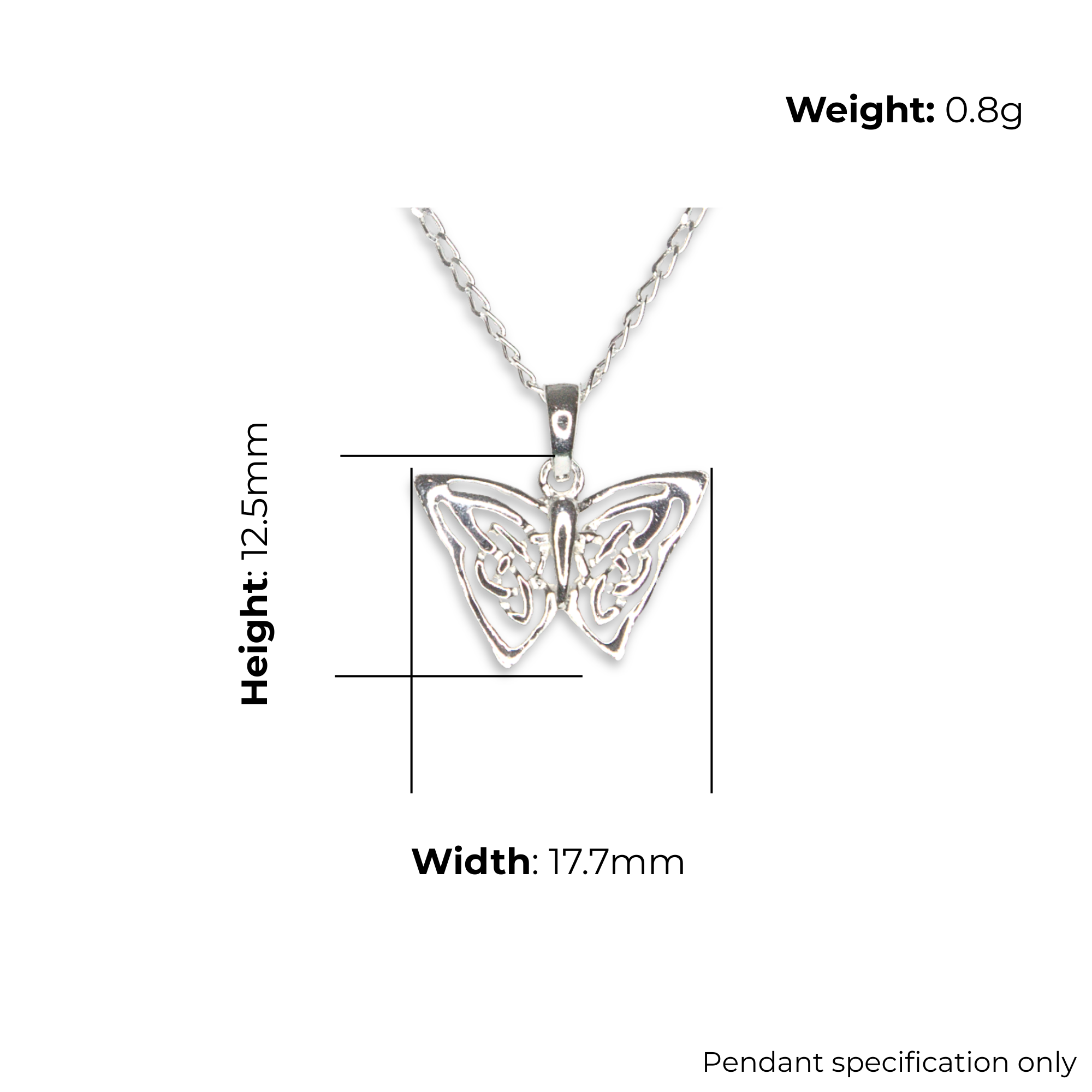 Sterling Silver Celtic Knotwork Butterfly Pendant, open interlaced wing detail, high mirror polish, product dimensions shown, width 17.7mm, height 12.5mm, weight 0.8g, pendant specification only.