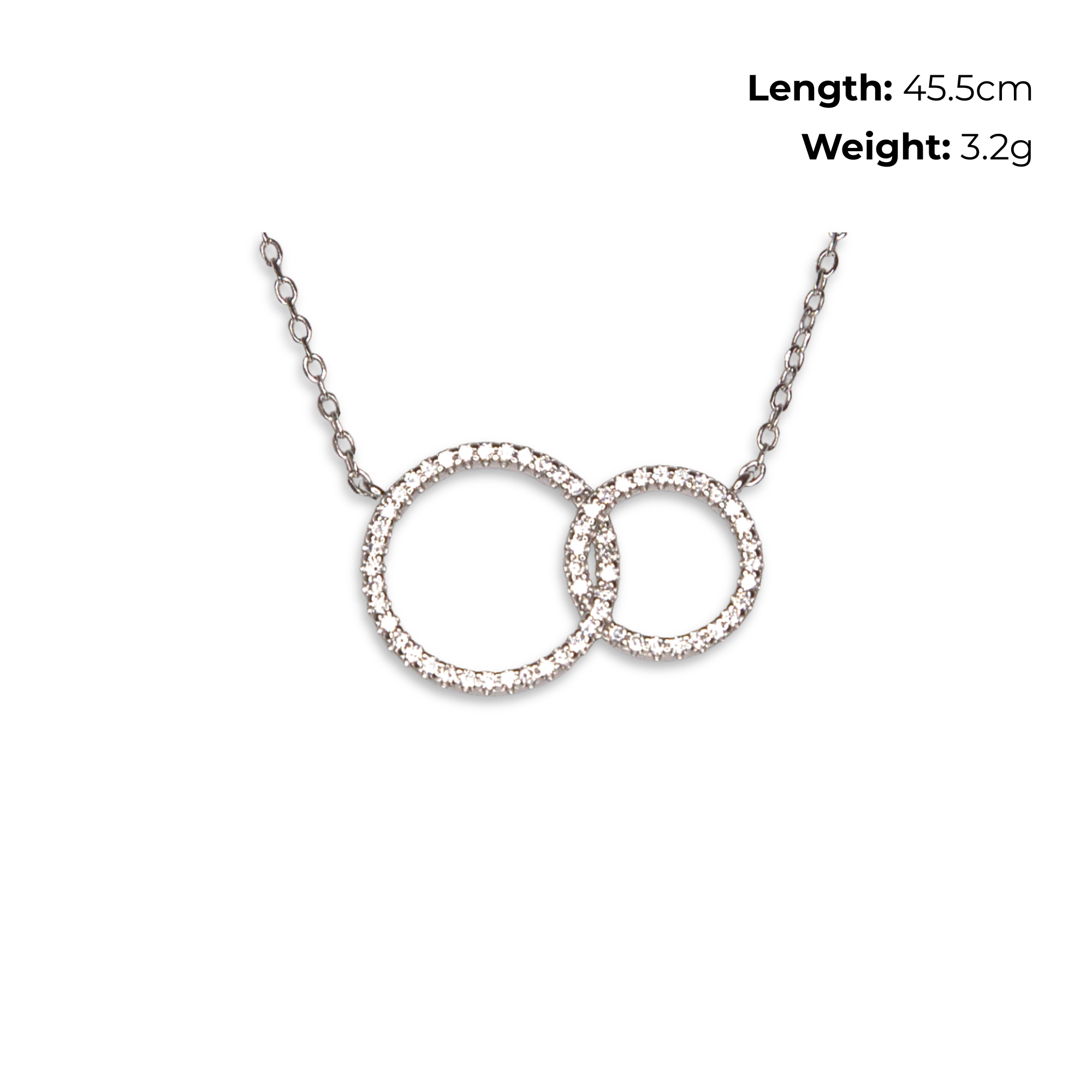 Sterling Silver Interlocking Circle Necklet with CZ, product dimensions shown, length 45.5cm, weight 3.2g