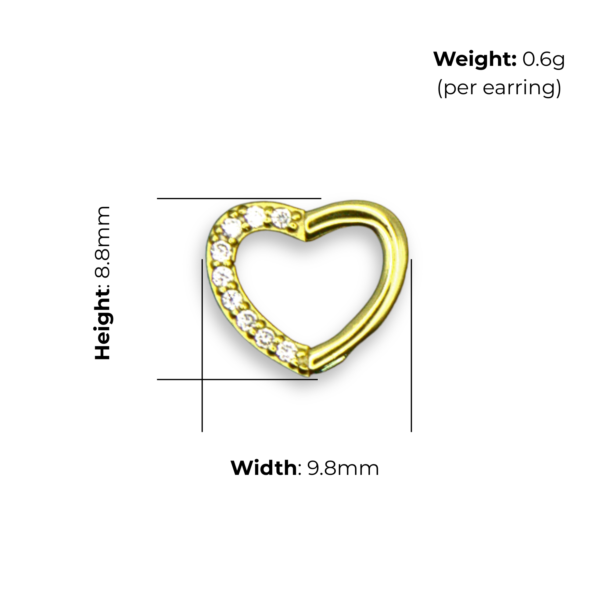 Sterling Silver Open Heart Stud Earrings, Gold Plated, Pave-Set CZ, product dimensions shown, width 9.8mm, height 8.8mm, weight 0.6g per earring.