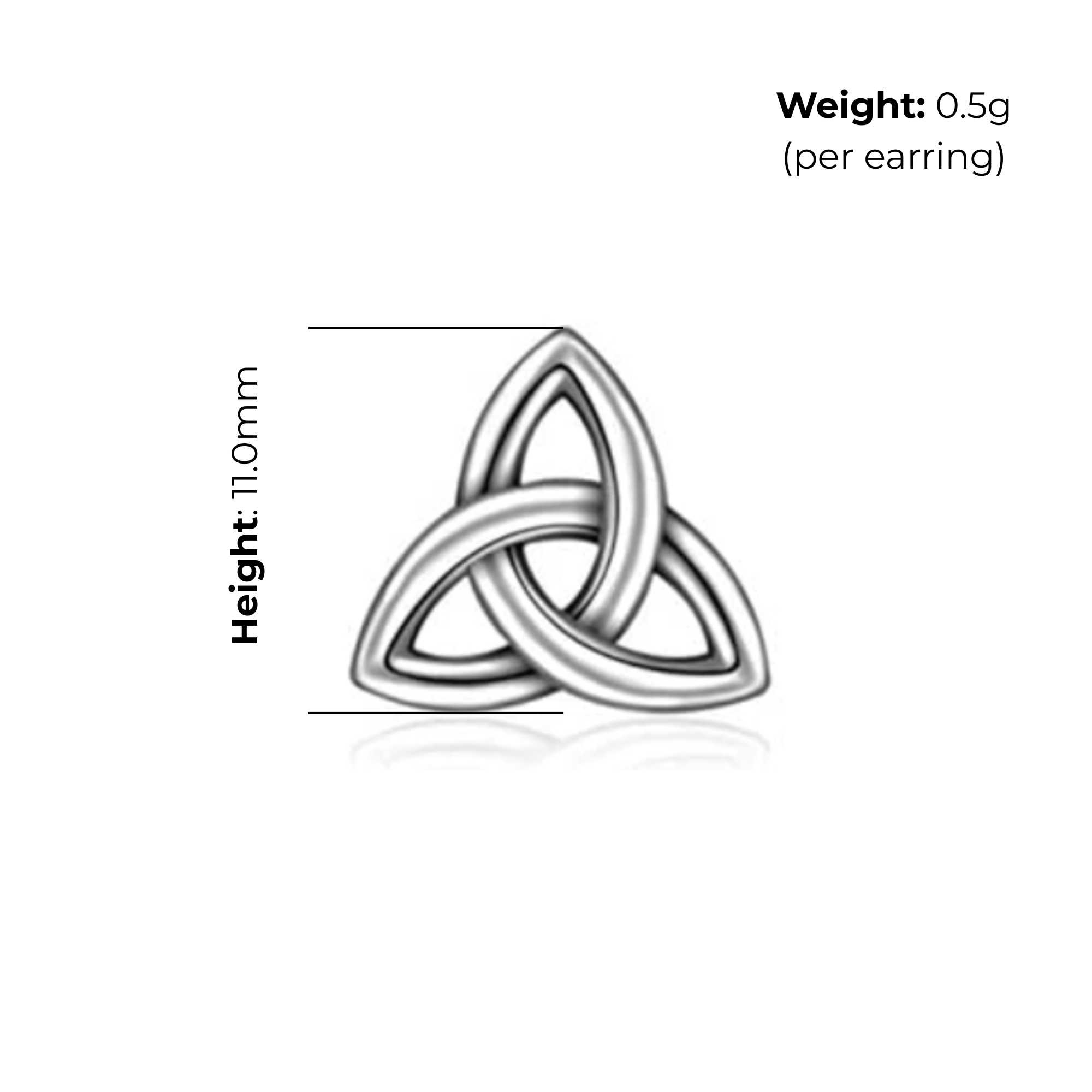 Sterling Silver Celtic Trinity Knot Stud Earrings, open triquetra design, high mirror polish, push back fitting, product dimensions shown, height 11mm, weight 0.5g per earring
