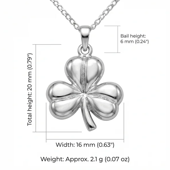 Sterling Silver Irish Shamrock Pendant, sculpted three-lobe form, high mirror polish, product dimensions shown, width 16mm by height 20mm, bail height 6mm, weight 2.1g