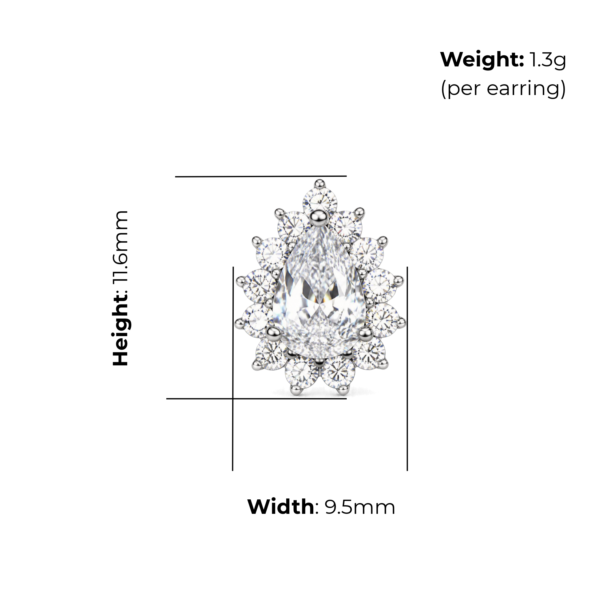 Sterling Silver Pear Halo Stud Earrings, Pave-Set CZ, product dimensions shown, width 9.5mm, height 11.6mm, weight 1.3g per earring.