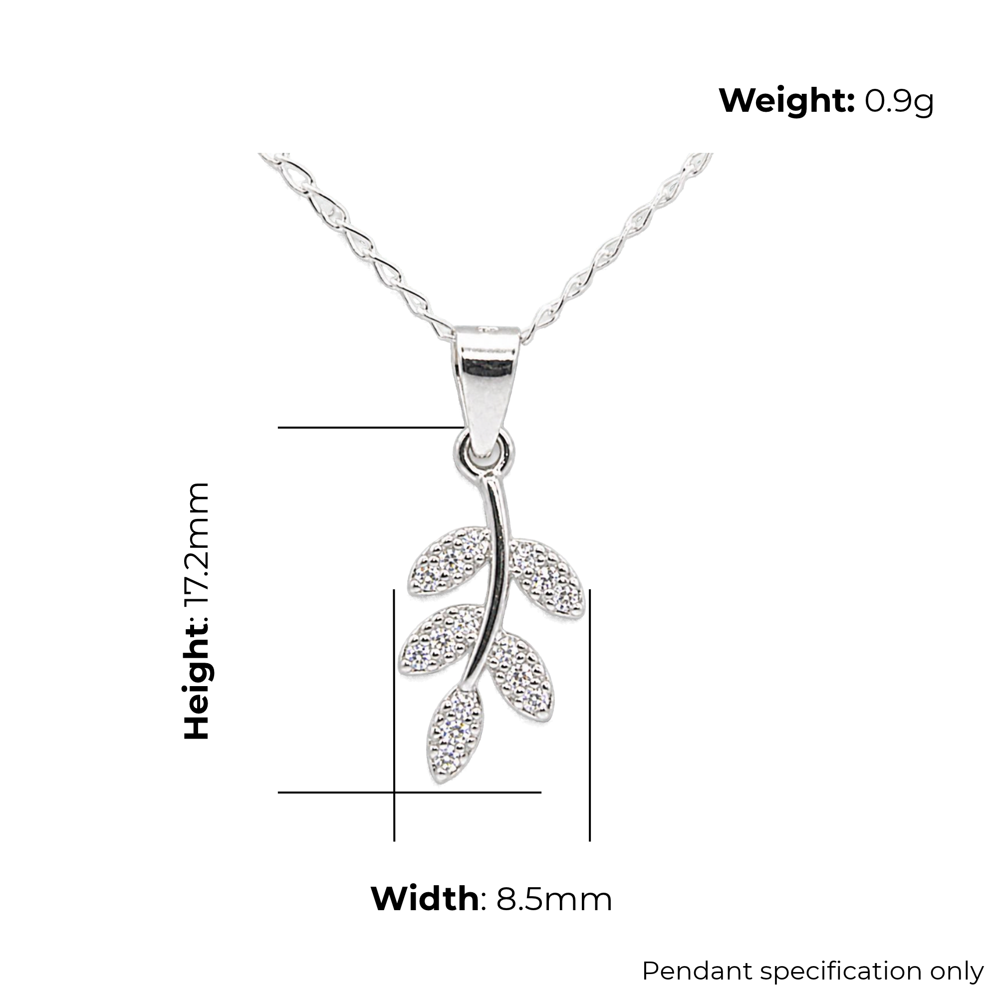 Sterling Silver Leaf Branch CZ Pendant, product dimensions shown, width 8.5mm, height 17.2mm, weight 0.9g, pendant specification only