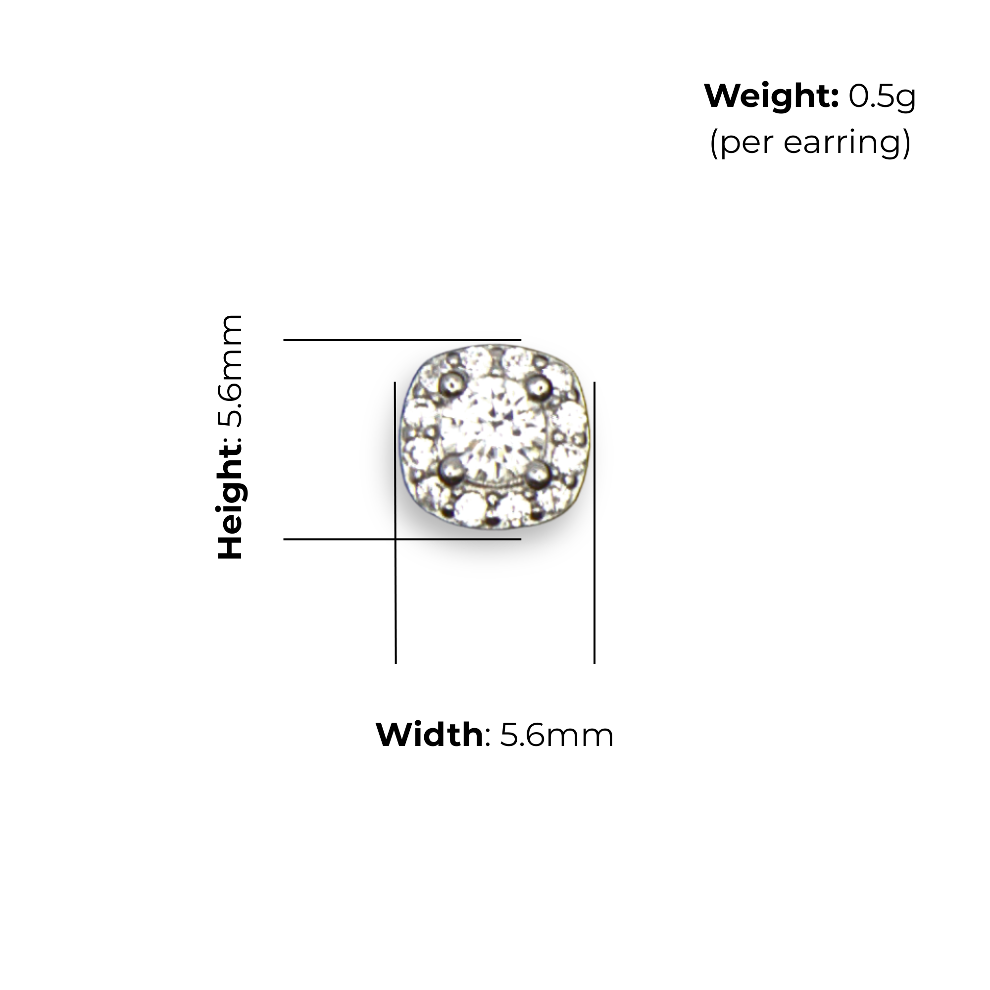 Sterling Silver Cushion Halo Stud Earrings, Pave-Set CZ, product dimensions shown, width 5.6mm, height 5.6mm, weight 0.5g per earring.