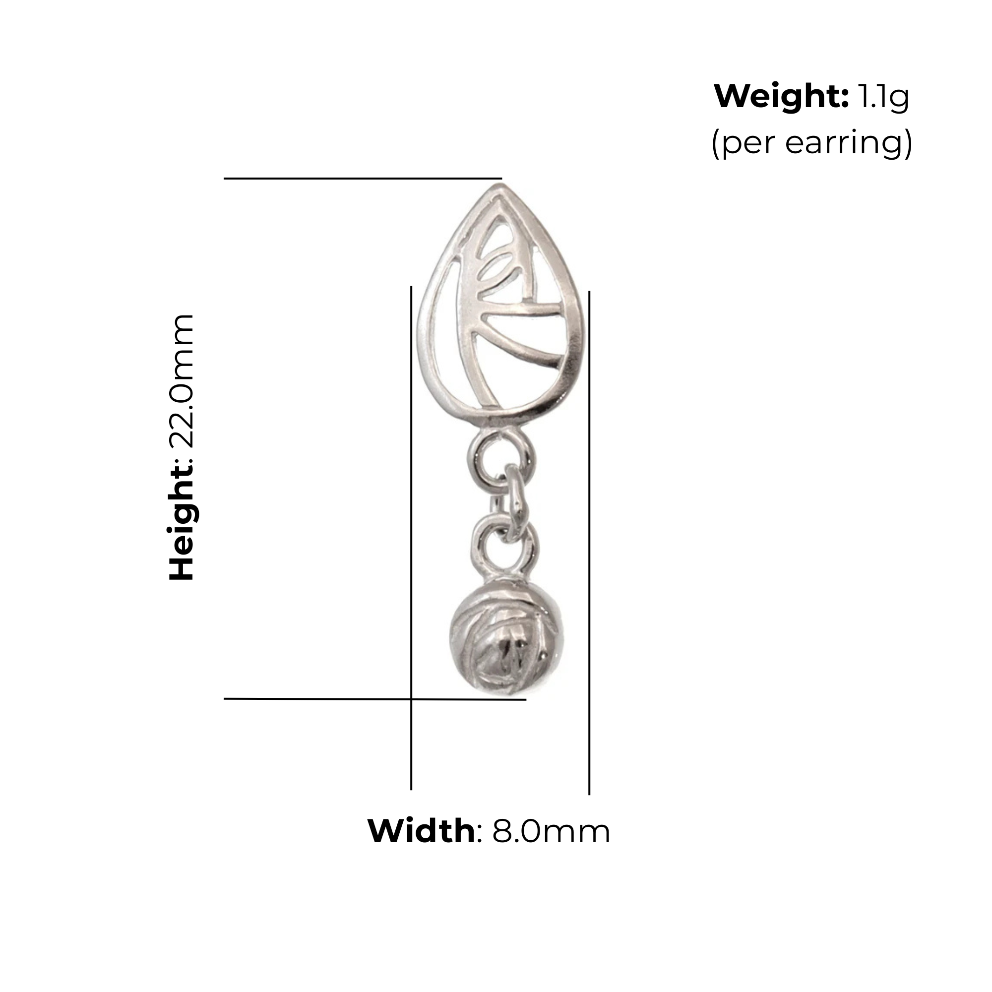 Sterling Silver Charles Rennie Mackintosh Teardrop Stud Drop Earrings, rose bud design, product dimensions shown, width 8mm, height 22mm, weight 1.1g per earring