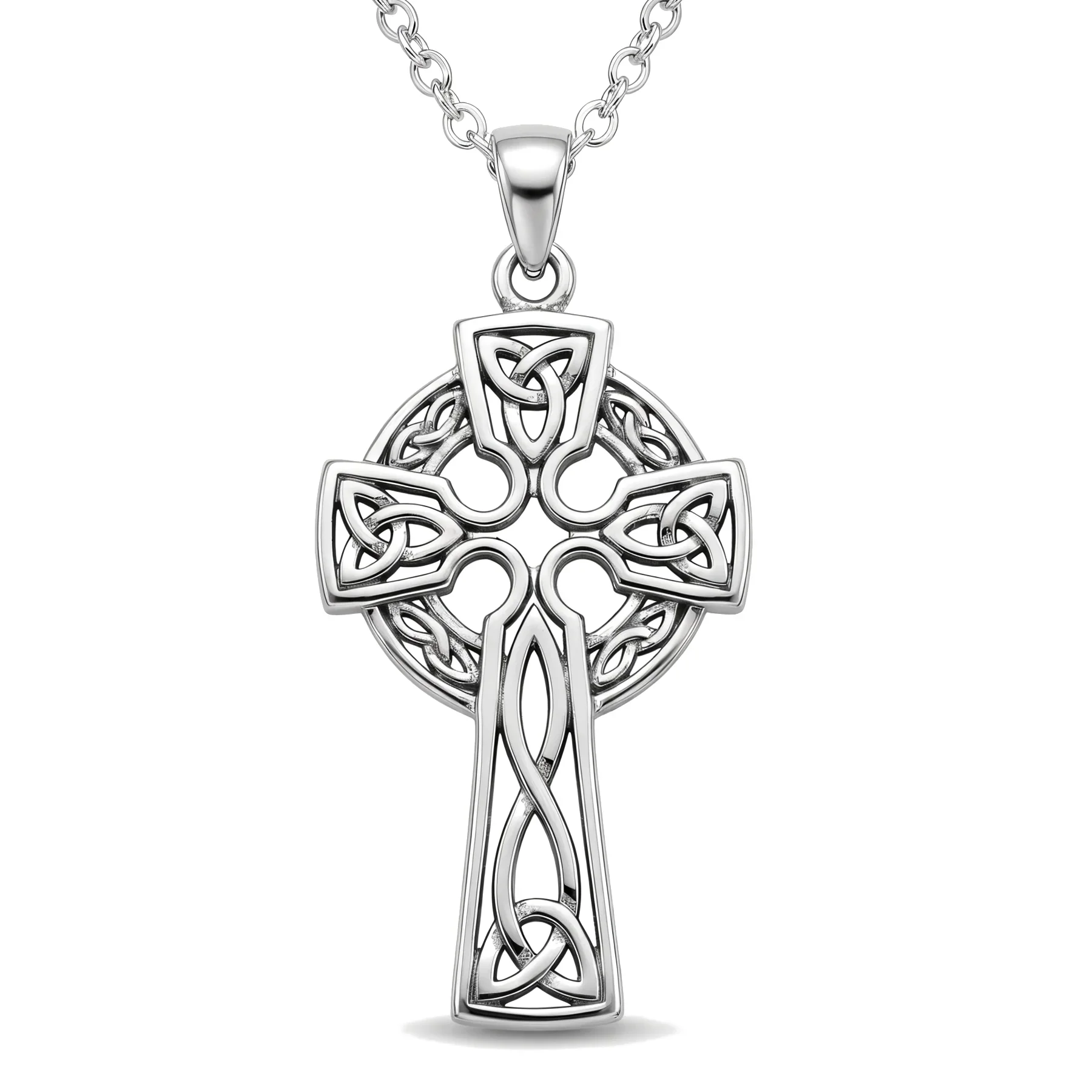 Sterling Silver Celtic cross pendant, flared crosshead with Trinity knot quadrants, open centre, interlaced shaft, 30mm