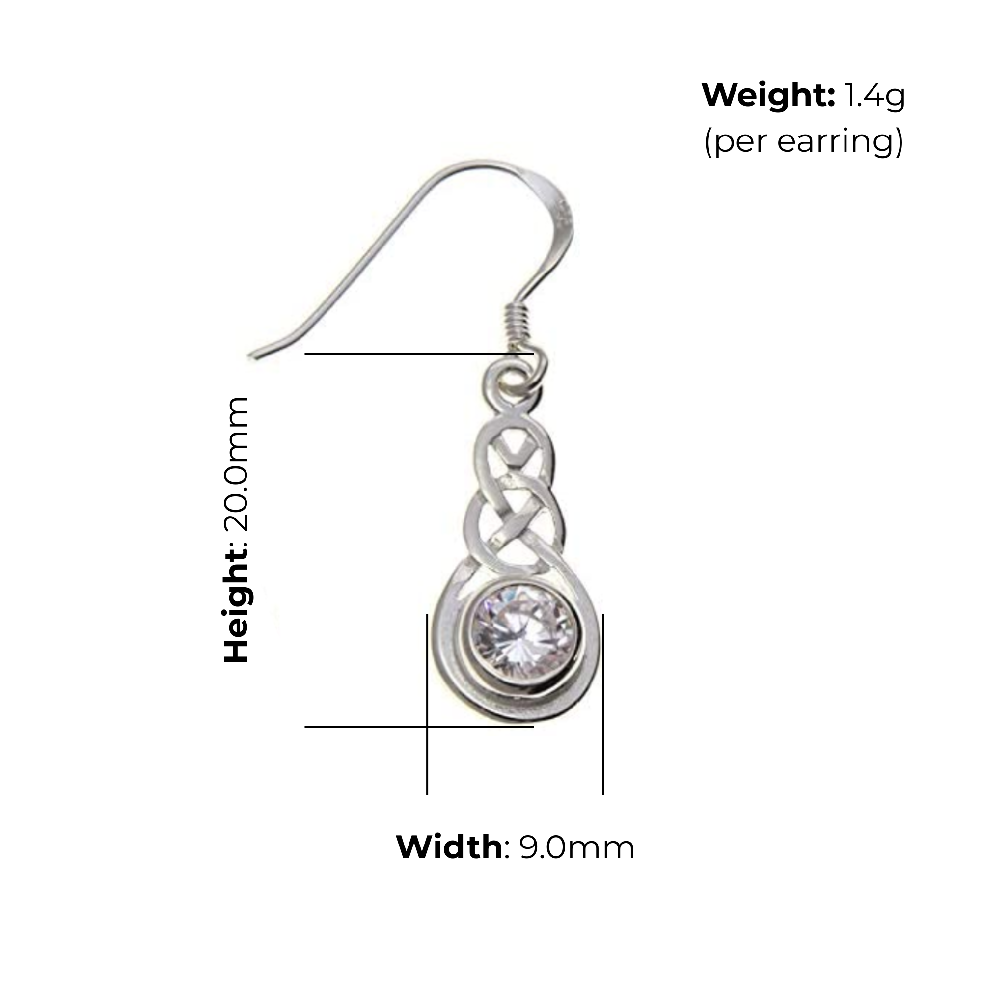 Sterling Silver Celtic Knotwork Drop Earrings, round clear CZ bezel set, high mirror polish, fish hook fitting, product dimensions shown, width 9mm, height 20mm, weight 1.4g per earring
