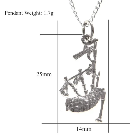 Sterling Silver Scottish Bagpipes Pendant, large format, fanned drone arrangement, fringe detail, product dimensions shown, width 14mm by height 25mm, weight 1.7g