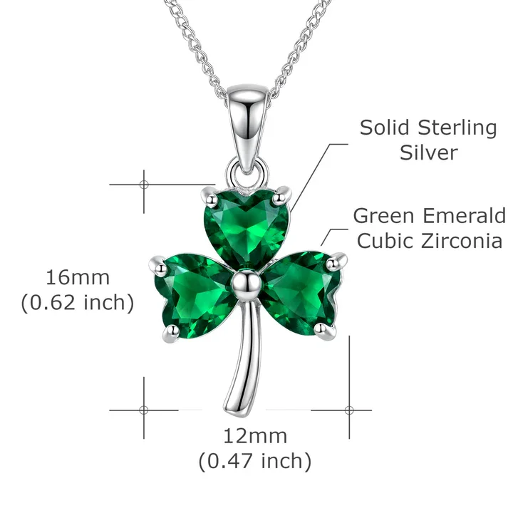 Sterling Silver Irish Celtic Shamrock Pendant, green CZ heart-shaped stones, claw set, product dimensions shown, height 16mm by width 12mm